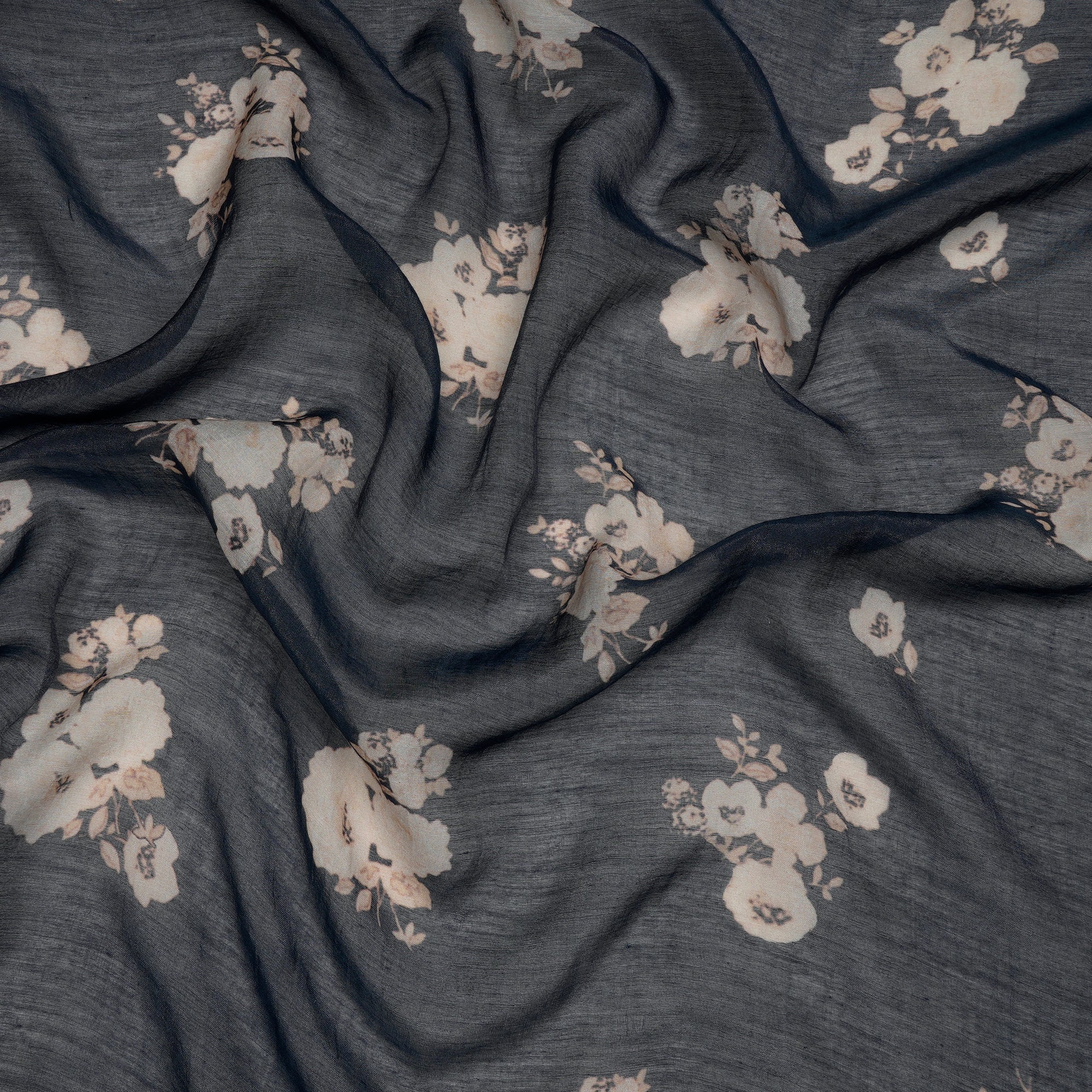(Pre-Cut 1.40 Mtr)Ombre Blue Floral Motif Pattern Digital Printed Silk-Cotton Fabric