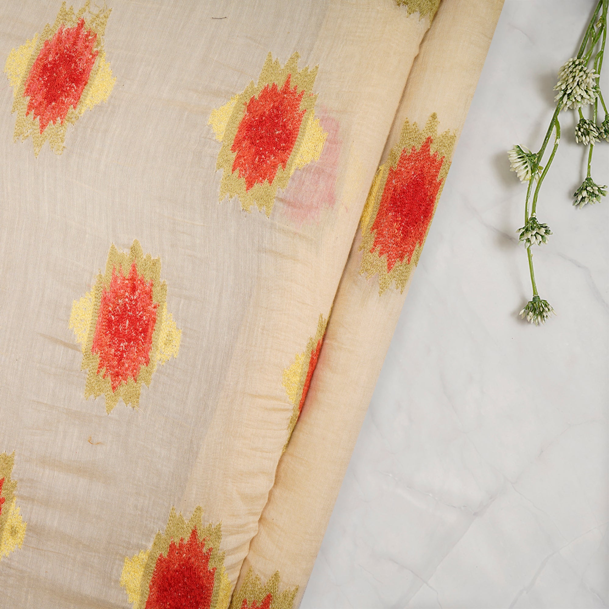 (Pre-Cut 1.20 Mtr)Multi Color Geometrical Pattern Embroidered Chanderi Fabric