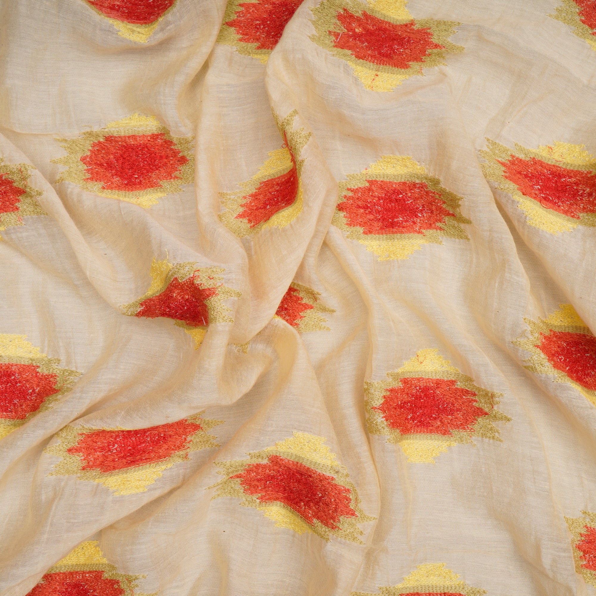 (Pre-Cut 1.20 Mtr)Multi Color Geometrical Pattern Embroidered Chanderi Fabric