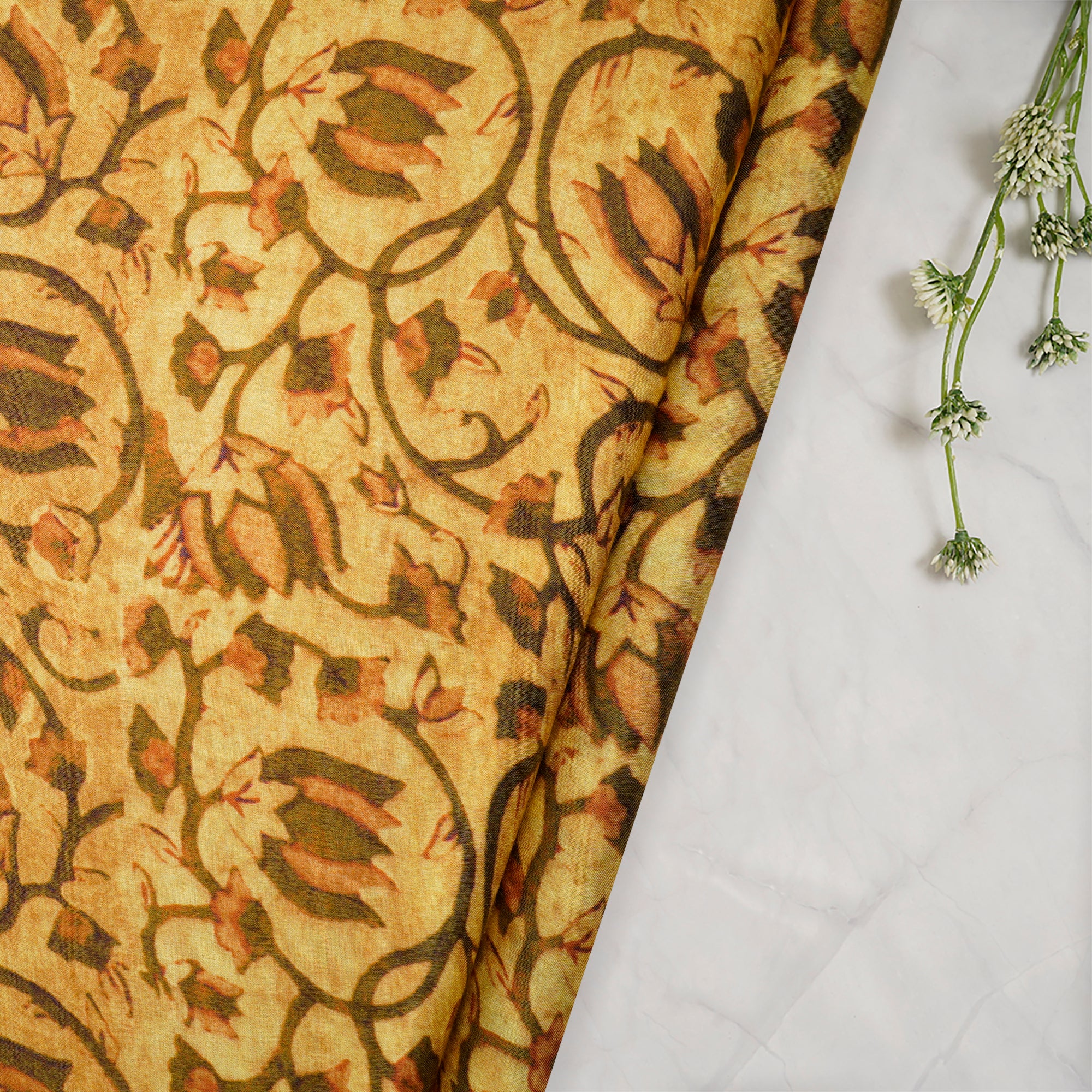 (Pre-Cut 1.10 Mtr)Ceylon Yellow Floral Pattern Digital Print Bemberg Modal Fabric