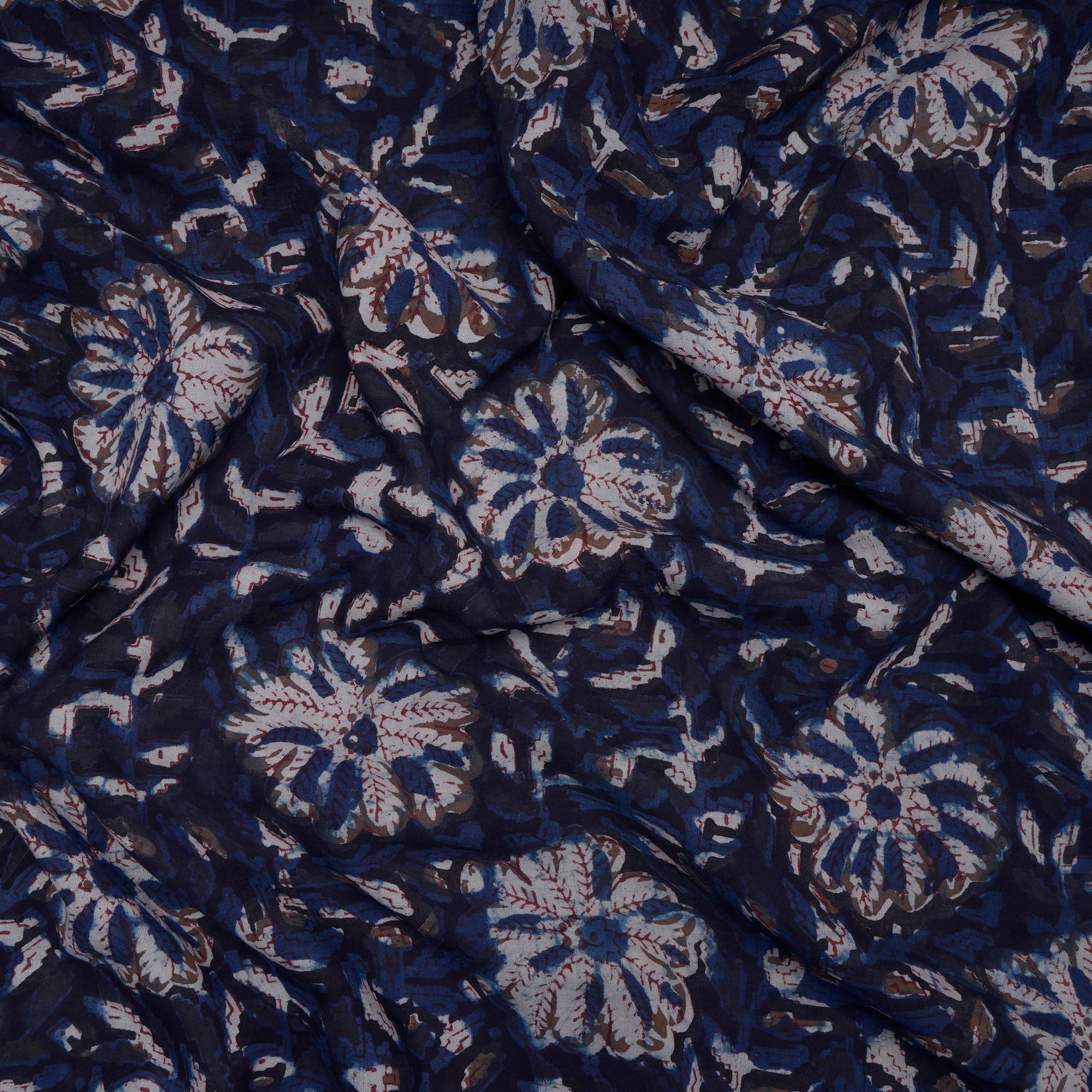 (Pre-Cut 1.80 Mtr)Navy Blue Hand Block Natural Dye Jahota Printed Cotton Cambric Fabric