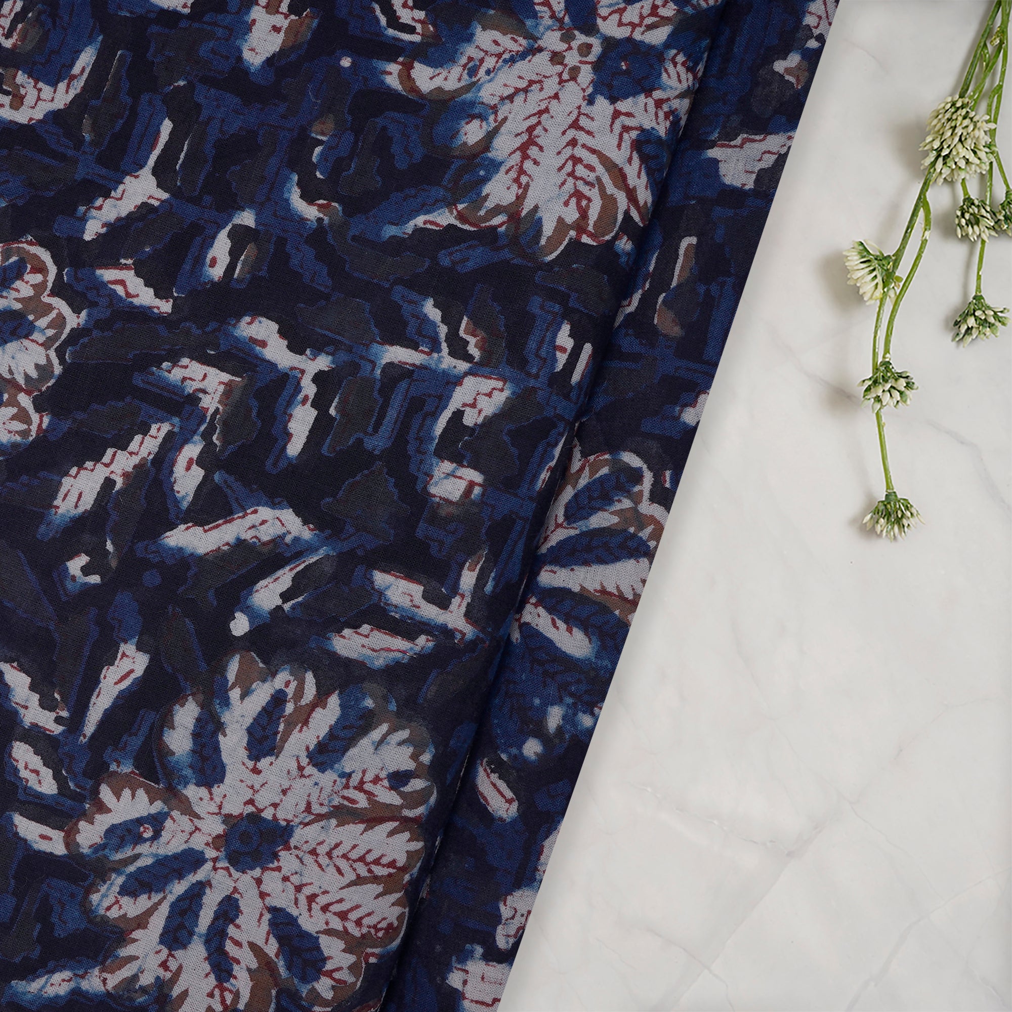 (Pre-Cut 2.00 Mtr)Navy Blue Hand Block Natural Dye Jahota Printed Cotton Cambric Fabric