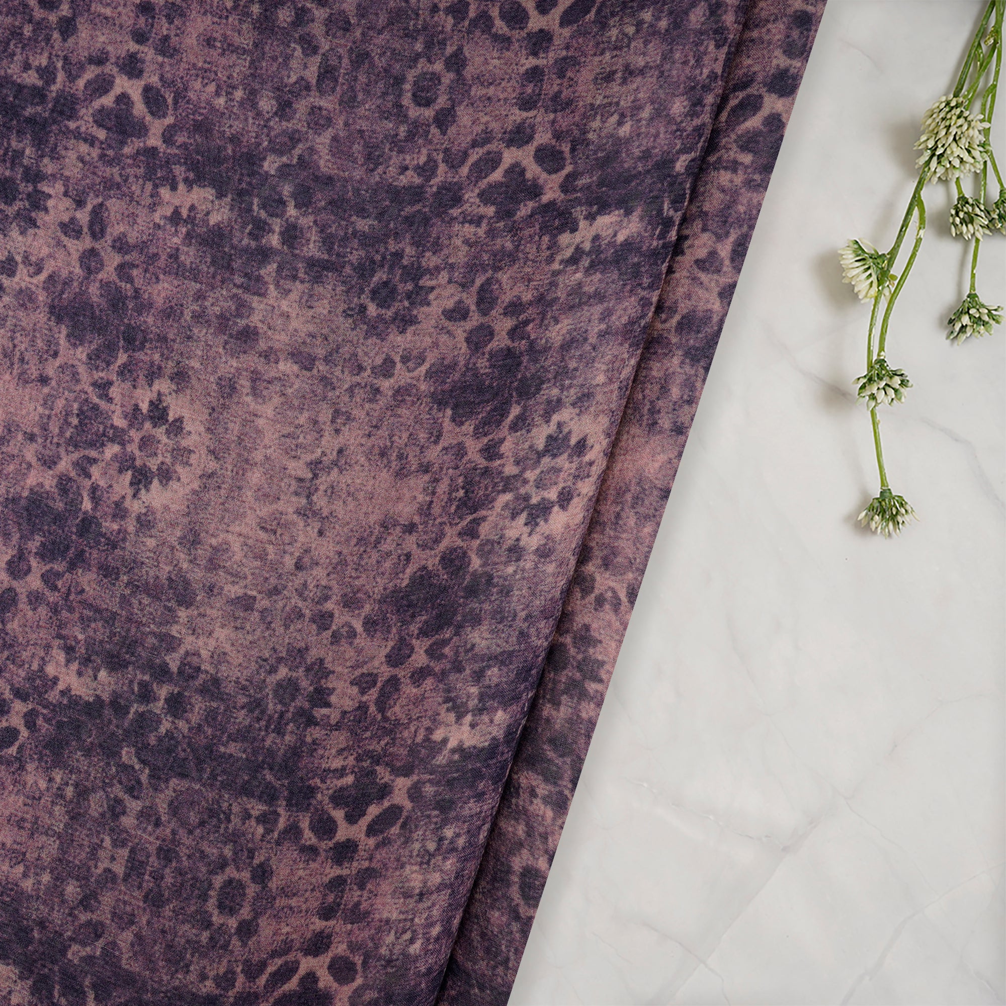 (Pre-Cut 3.00 Mtr)Purple All Over Pattern Digital Print Bemberg Chiffon Fabric