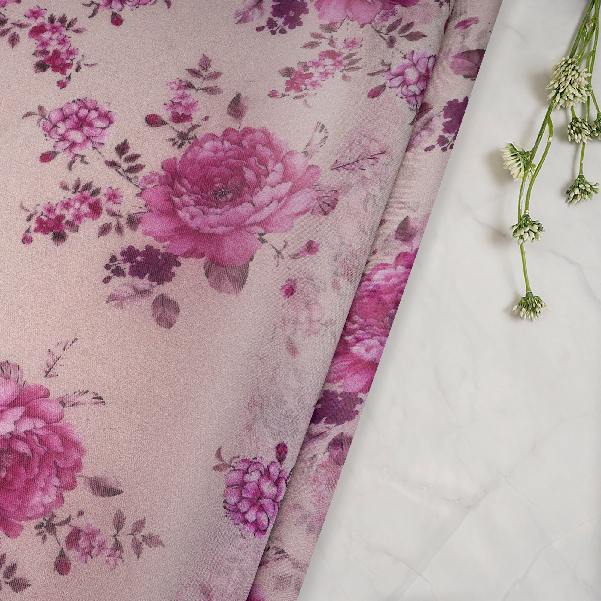 (Pre-Cut 1.00 Mtr)Shadow Gray Floral Pattern Digital Printed Viscose Organza Fabric