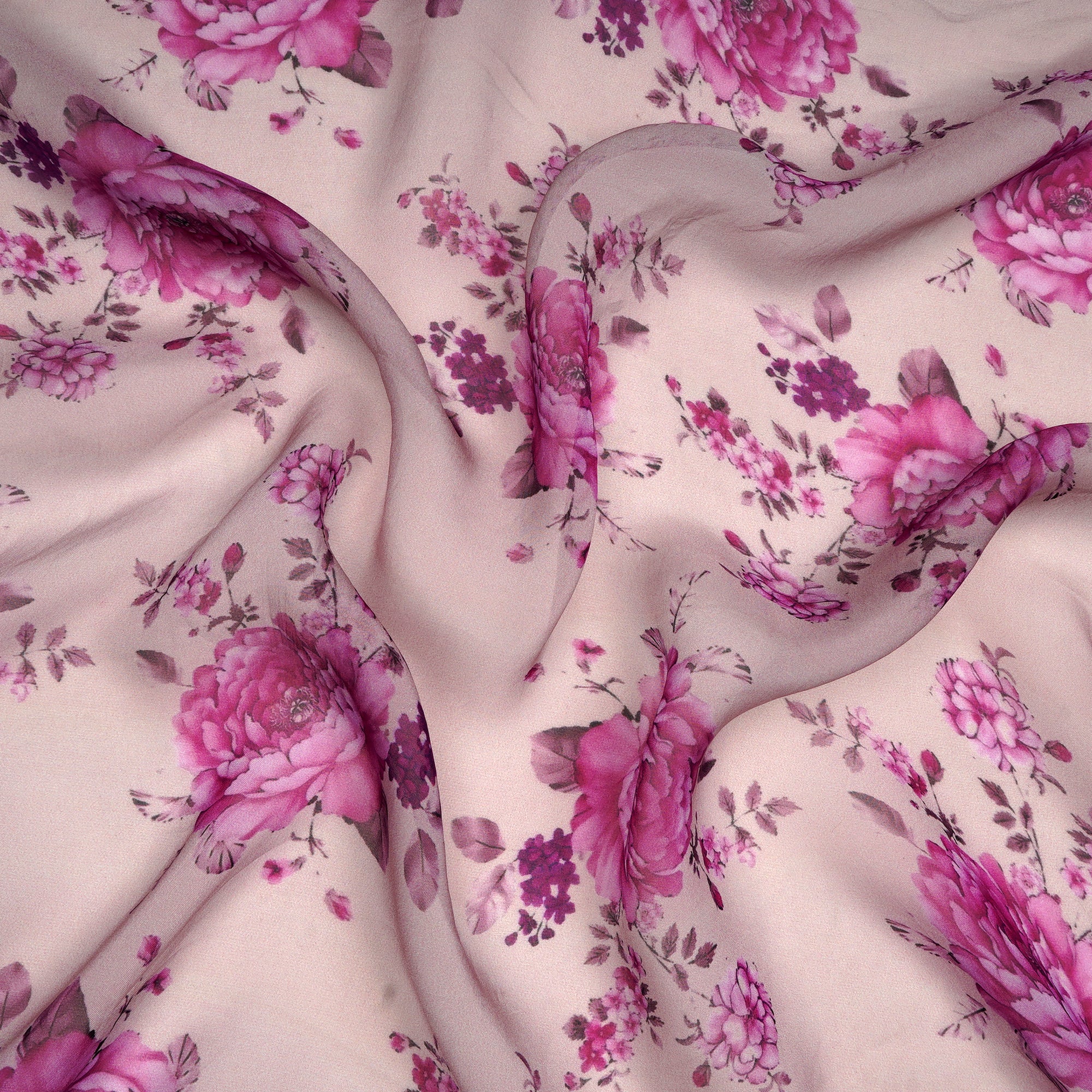 (Pre-Cut 1.00 Mtr)Shadow Gray Floral Pattern Digital Printed Viscose Organza Fabric