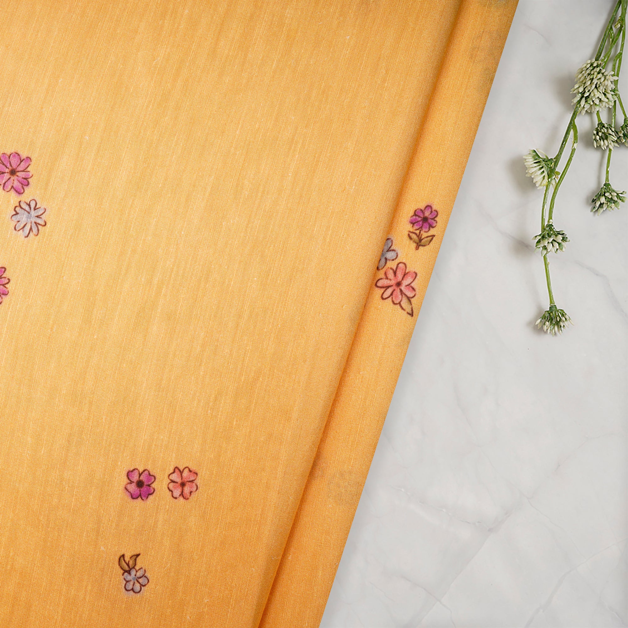 (Pre-Cut 0.75 Mtr)Apricot Cream Floral Pattern Digital Print Bemberg Linen Fabric