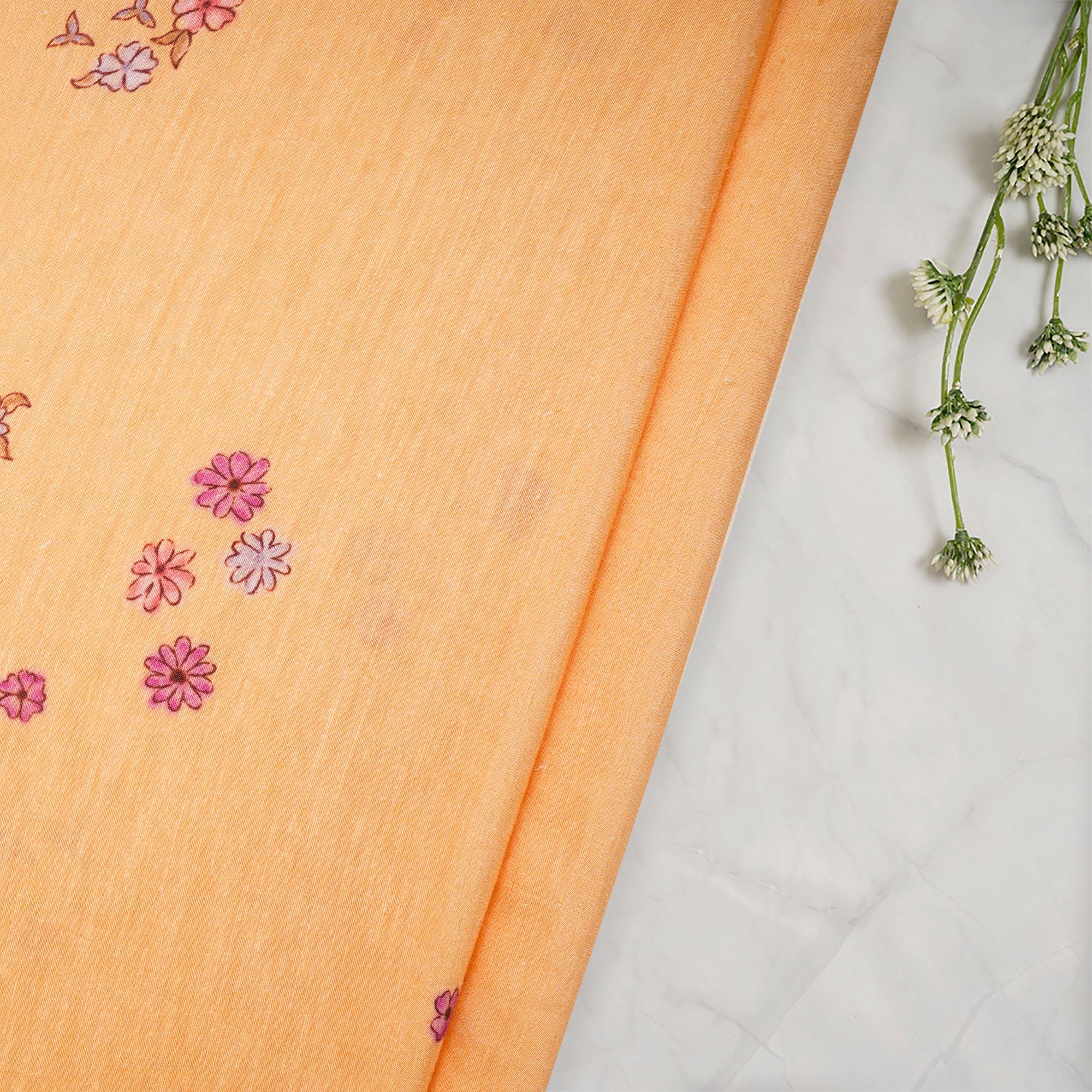 (Pre-Cut 1.80 Mtr) Yellow Floral Pattern Digital Print Bemberg Linen Fabric