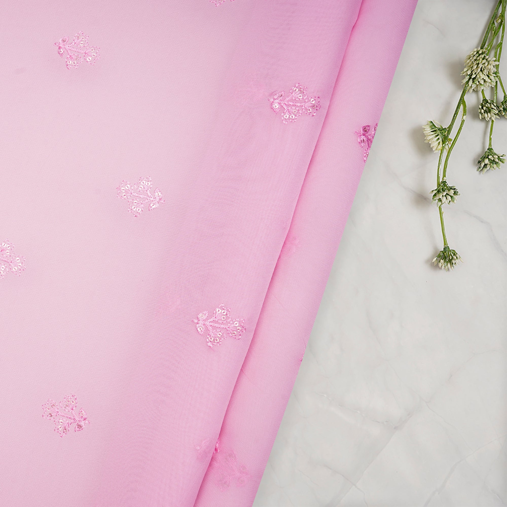 (Pre-Cut 1.00 Mtr)Pink Floral Motif Pattern Embroidered Viscose Organza Fabric