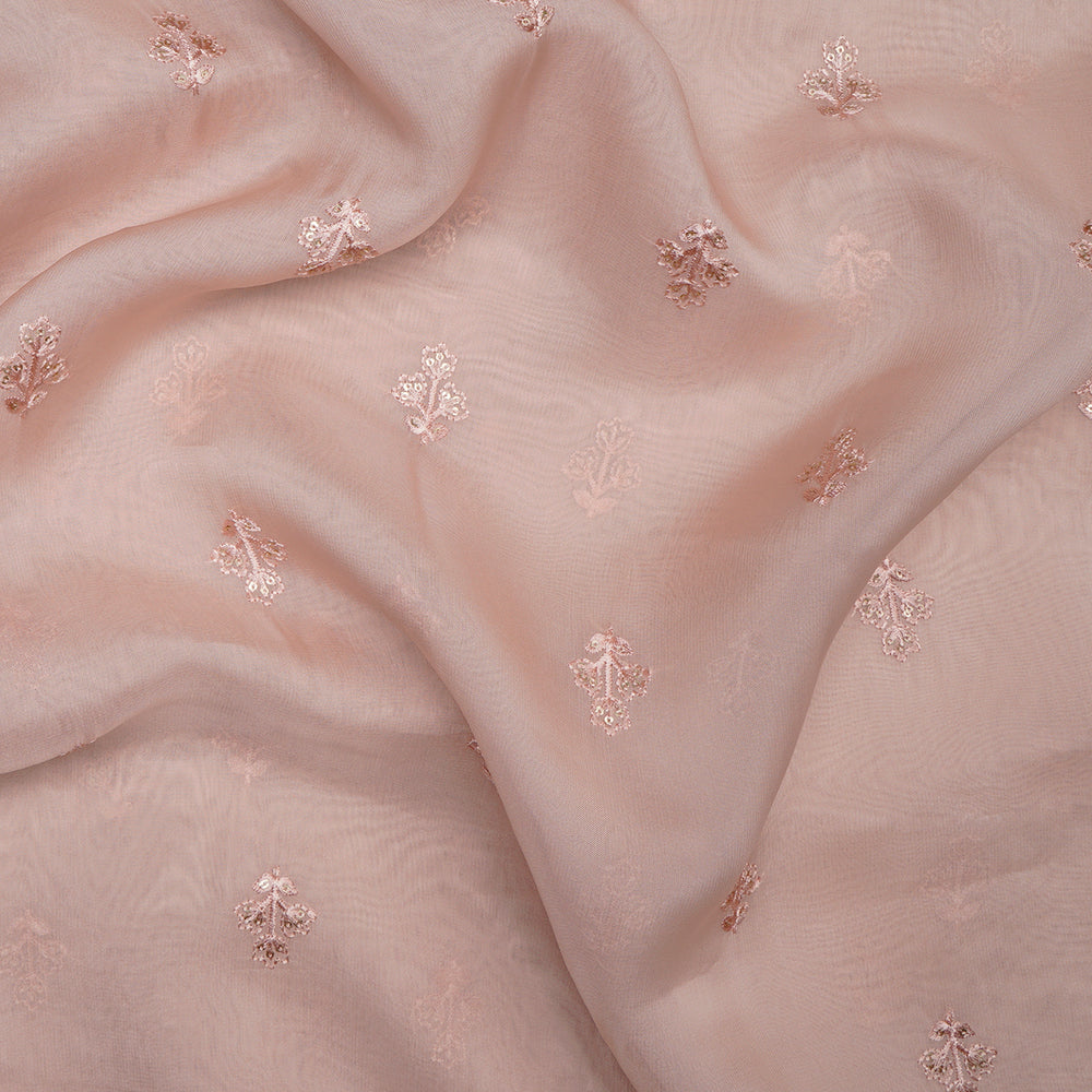 (Pre-Cut 1.90 Mtr)Rosewater Booti Pattern Thread Embroidered Viscose Organga Fabric