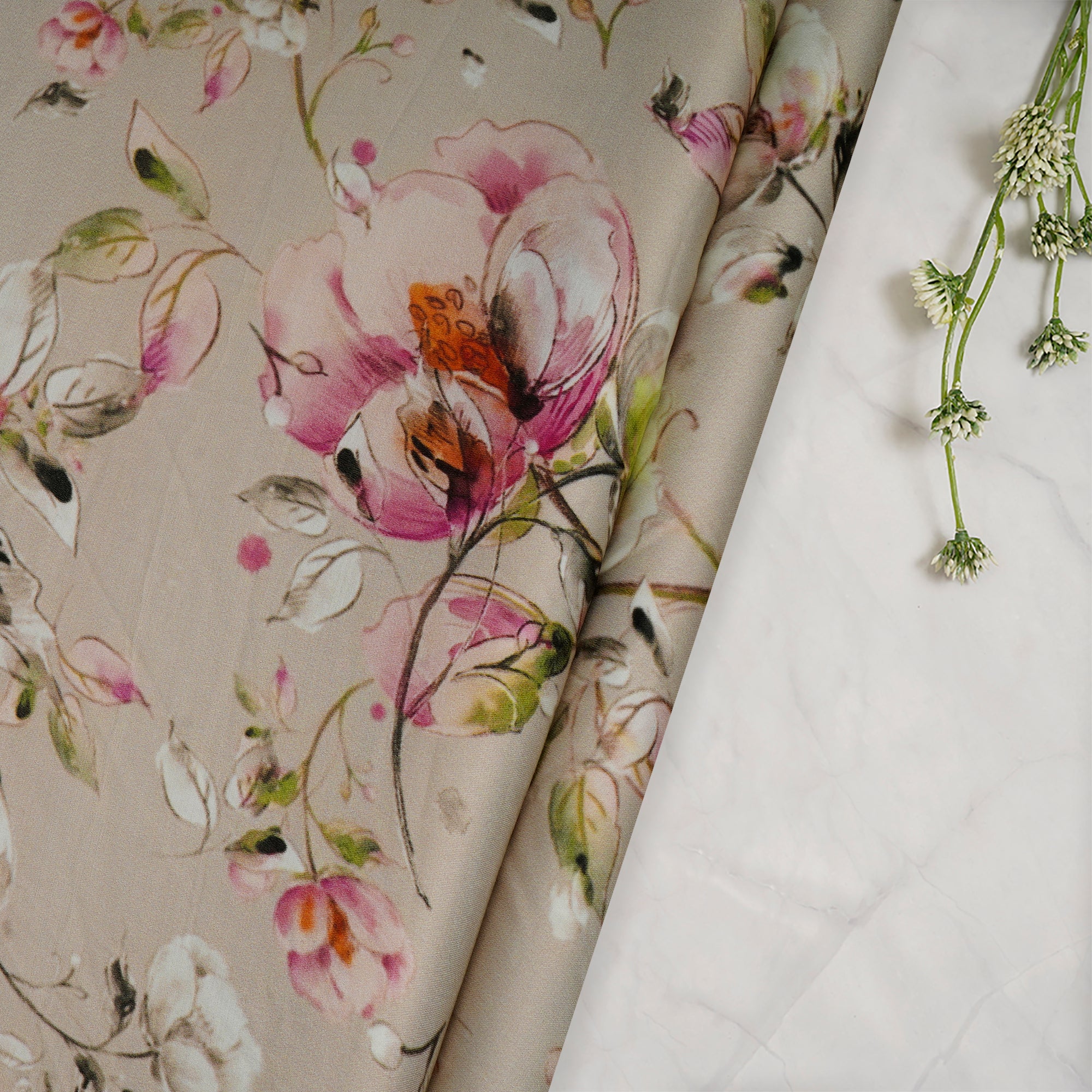 (Pre-Cut 1.10 Mtr)Vanilla Floral Pattern Digital Print Modal Satin Fabric