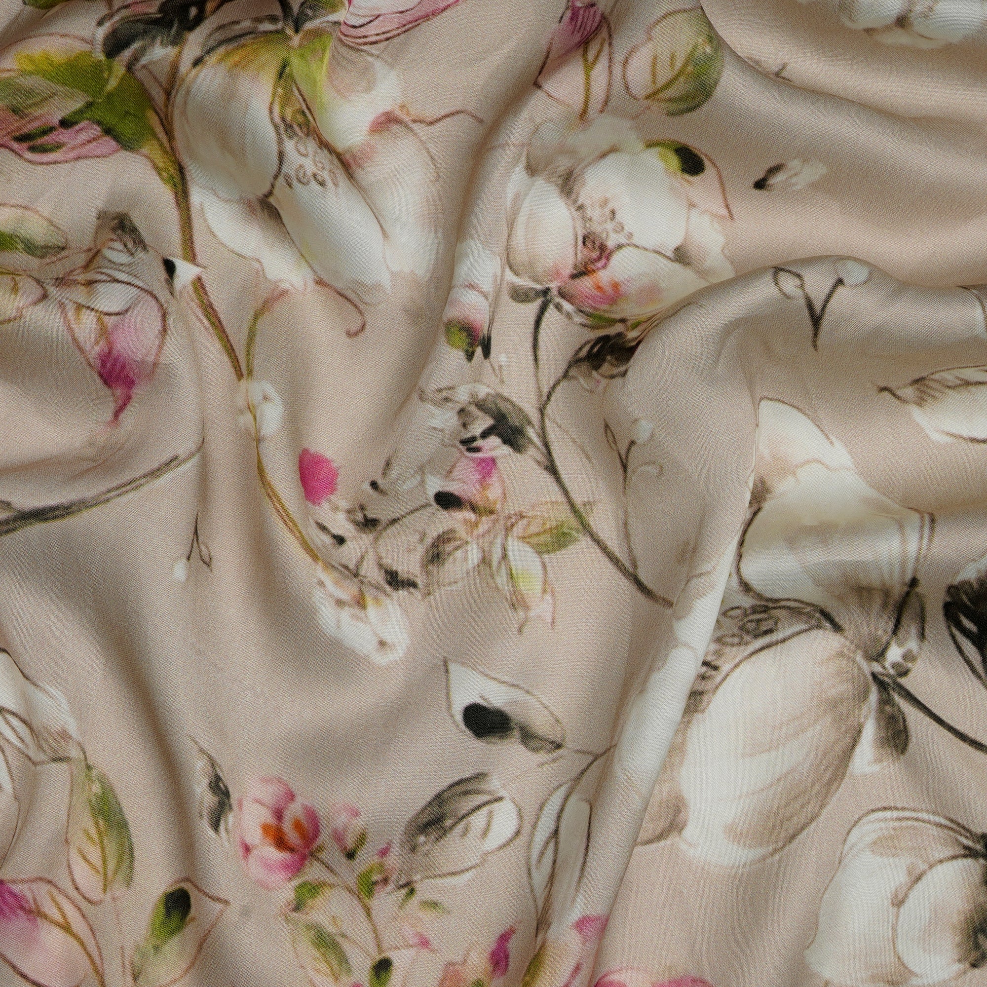 (Pre-Cut 1.10 Mtr)Vanilla Floral Pattern Digital Print Modal Satin Fabric
