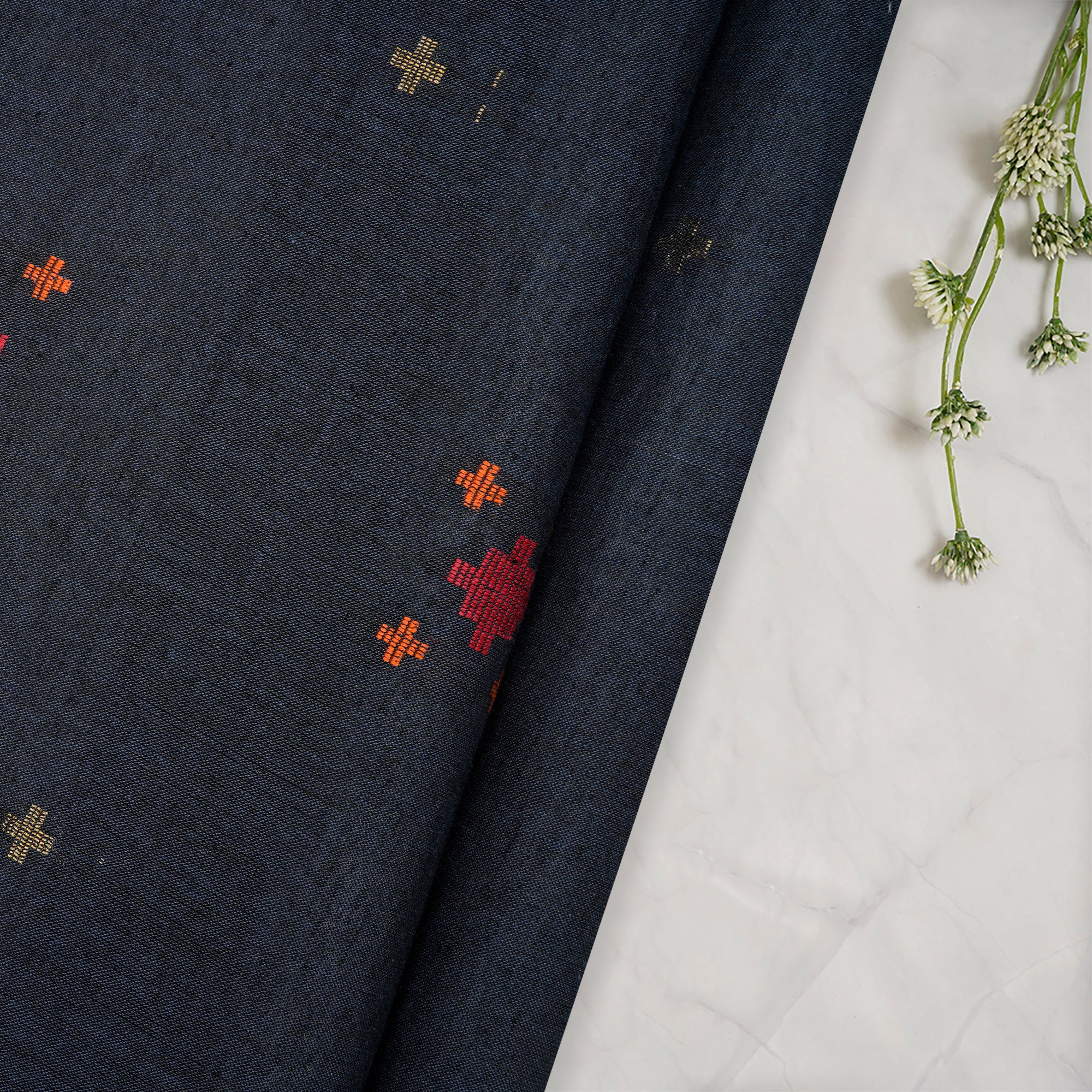 (Pre-Cut 0.70 Mtr)Ensign Blue Geometric Pattern Yarn Dyed Cutwork Fancy South Cotton Fabric