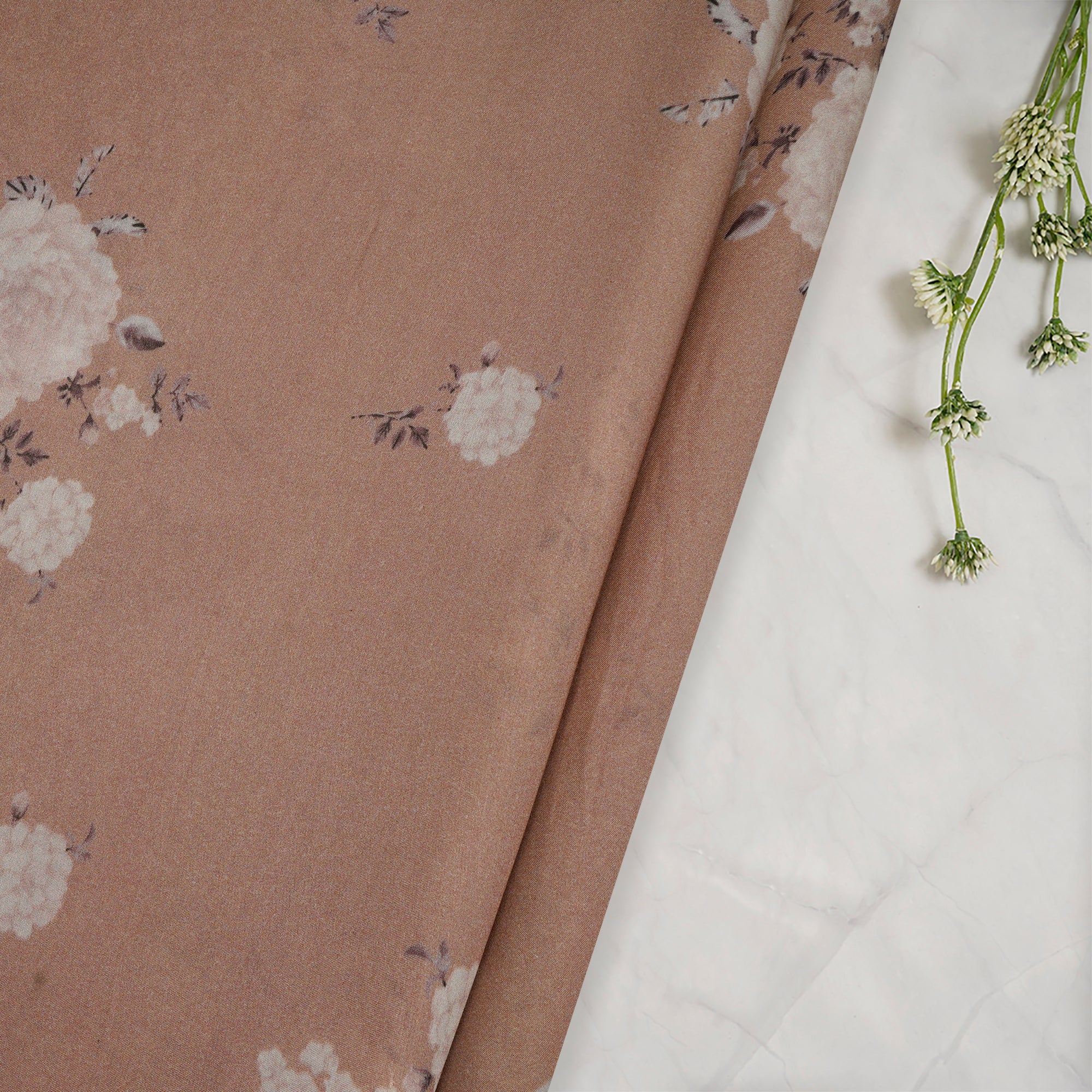 (Pre-Cut 4.80 Mtr)Brown Floral Pattern Digital Printed Bemberg Modal Fabric