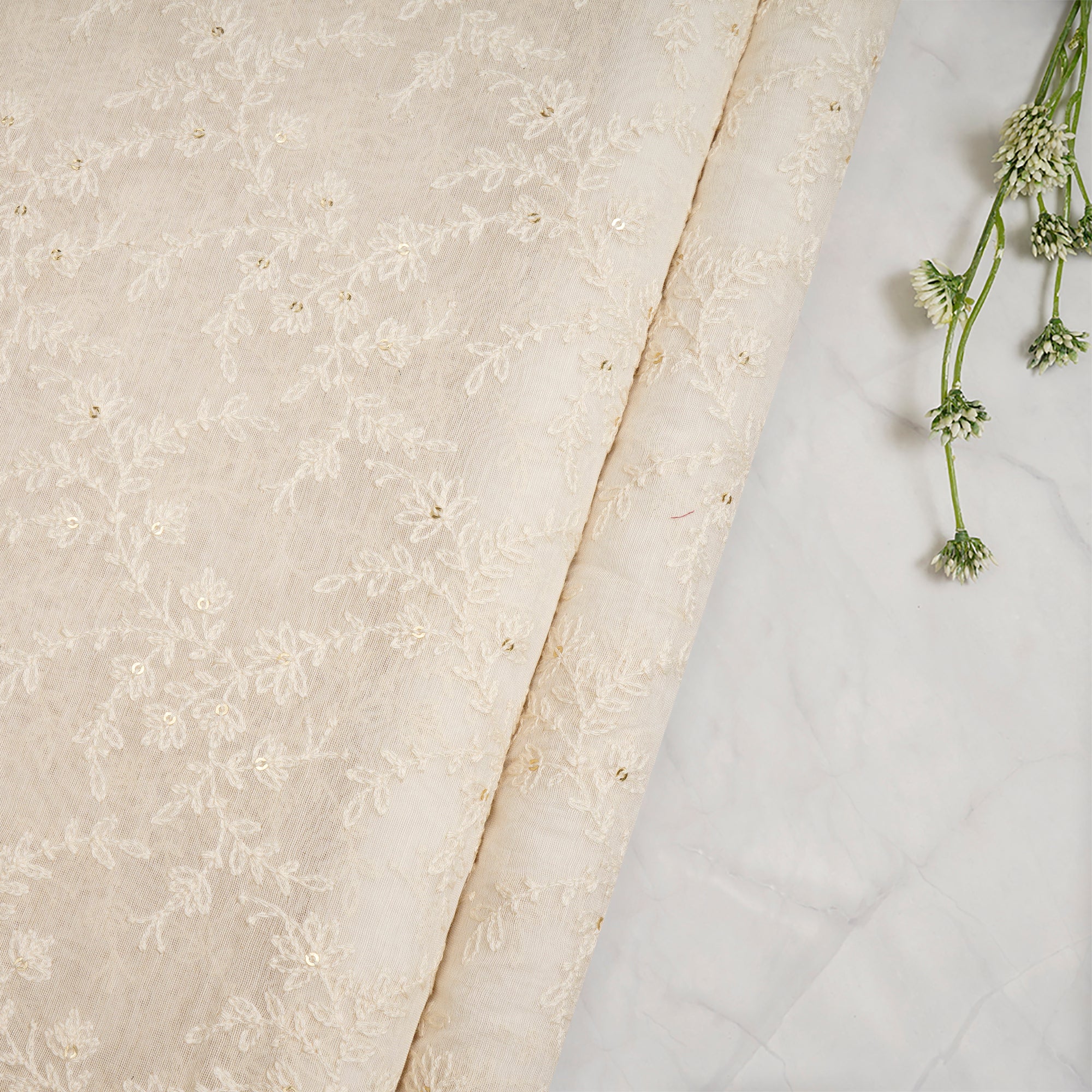 (Pre-Cut 2.50 Mtr)Off White Floral Pattern Embroidered Pure Fine Chanderi Fabric