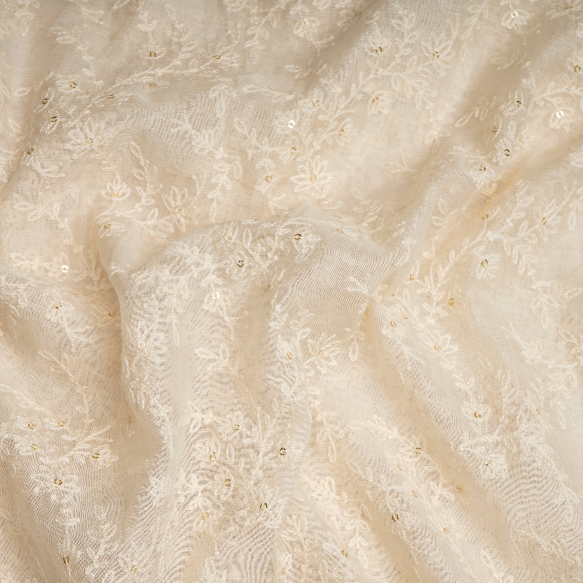 (Pre-Cut 2.50 Mtr)Off White Floral Pattern Embroidered Pure Fine Chanderi Fabric