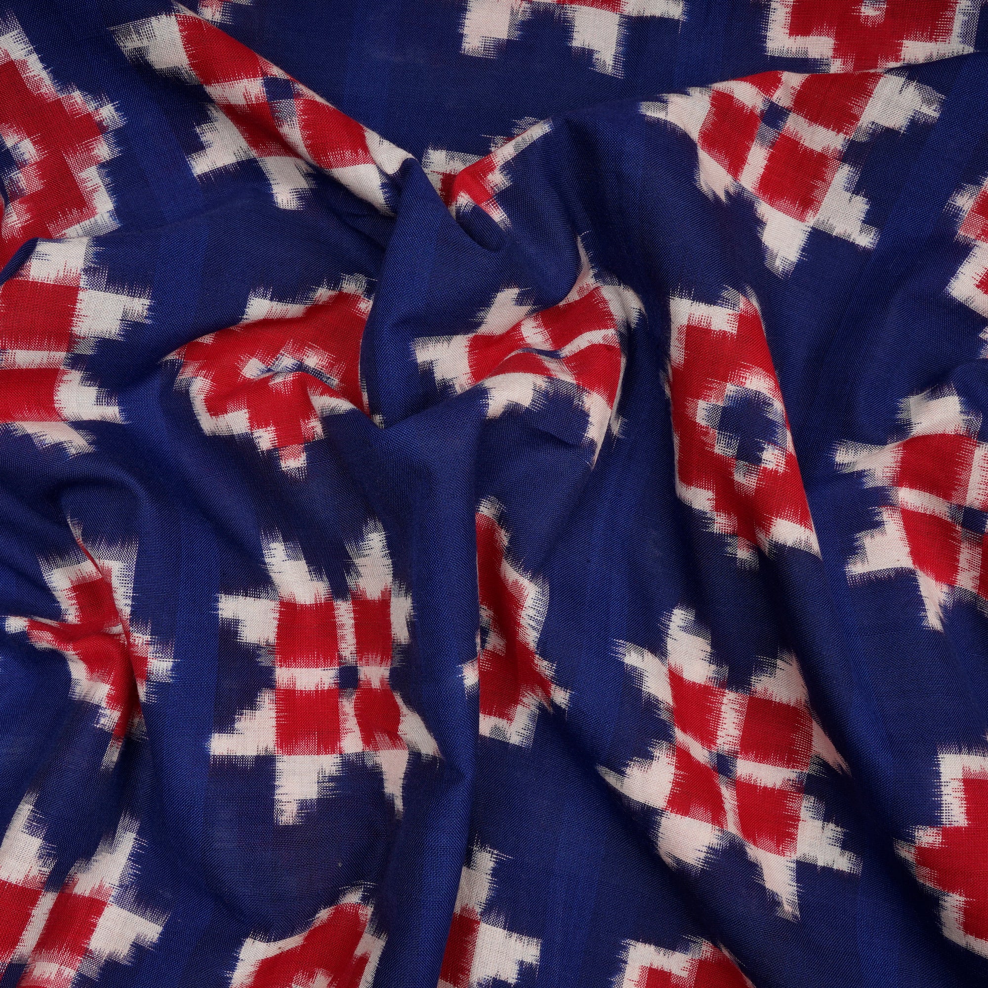 (Pre-Cut 3.90 Mtr) Blue-Red Washed Woven Ikat Cotton Fabric