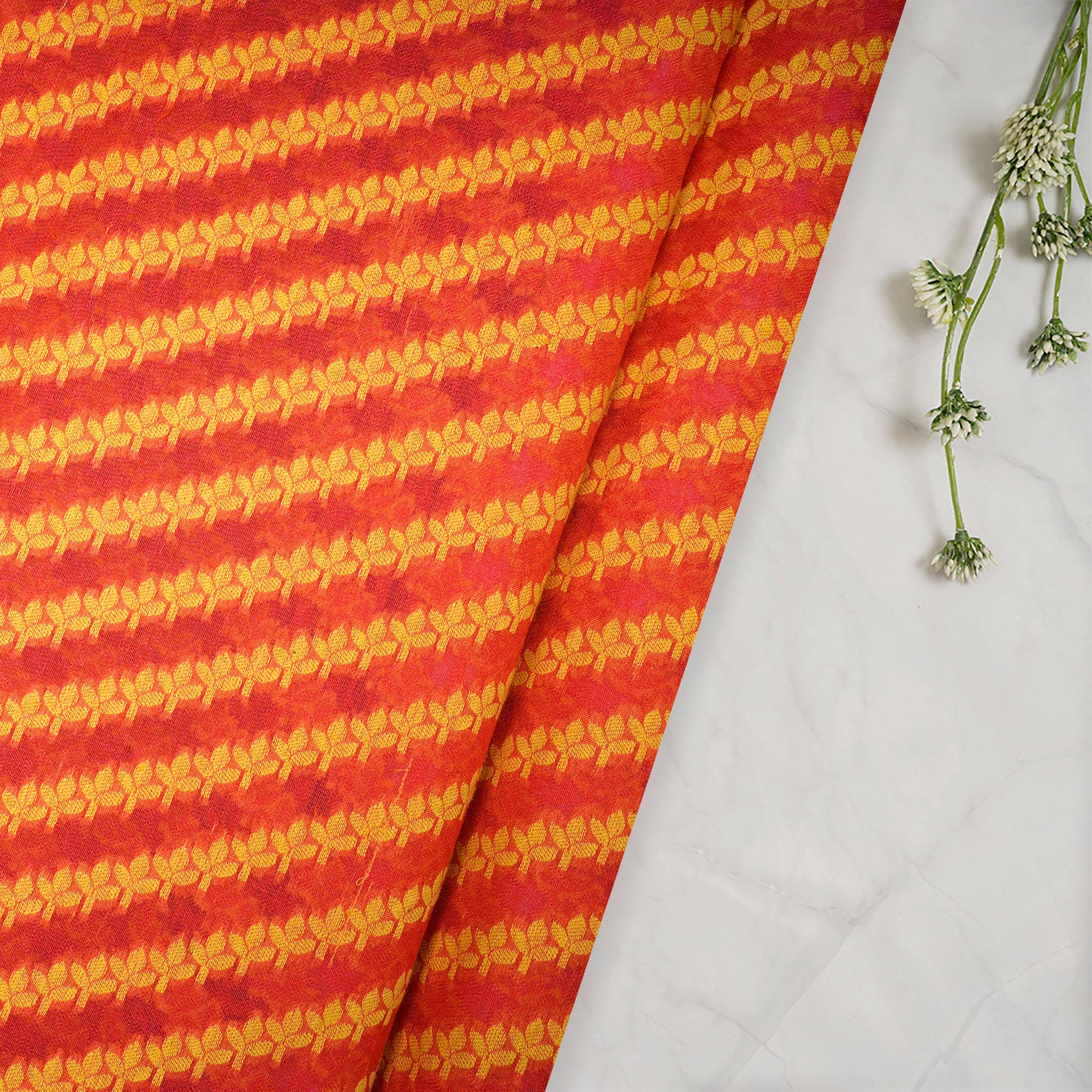 (Pre-Cut 2.85 Mtr)Orange-Yellow All Over Pattern Jacquard Silk Fabric