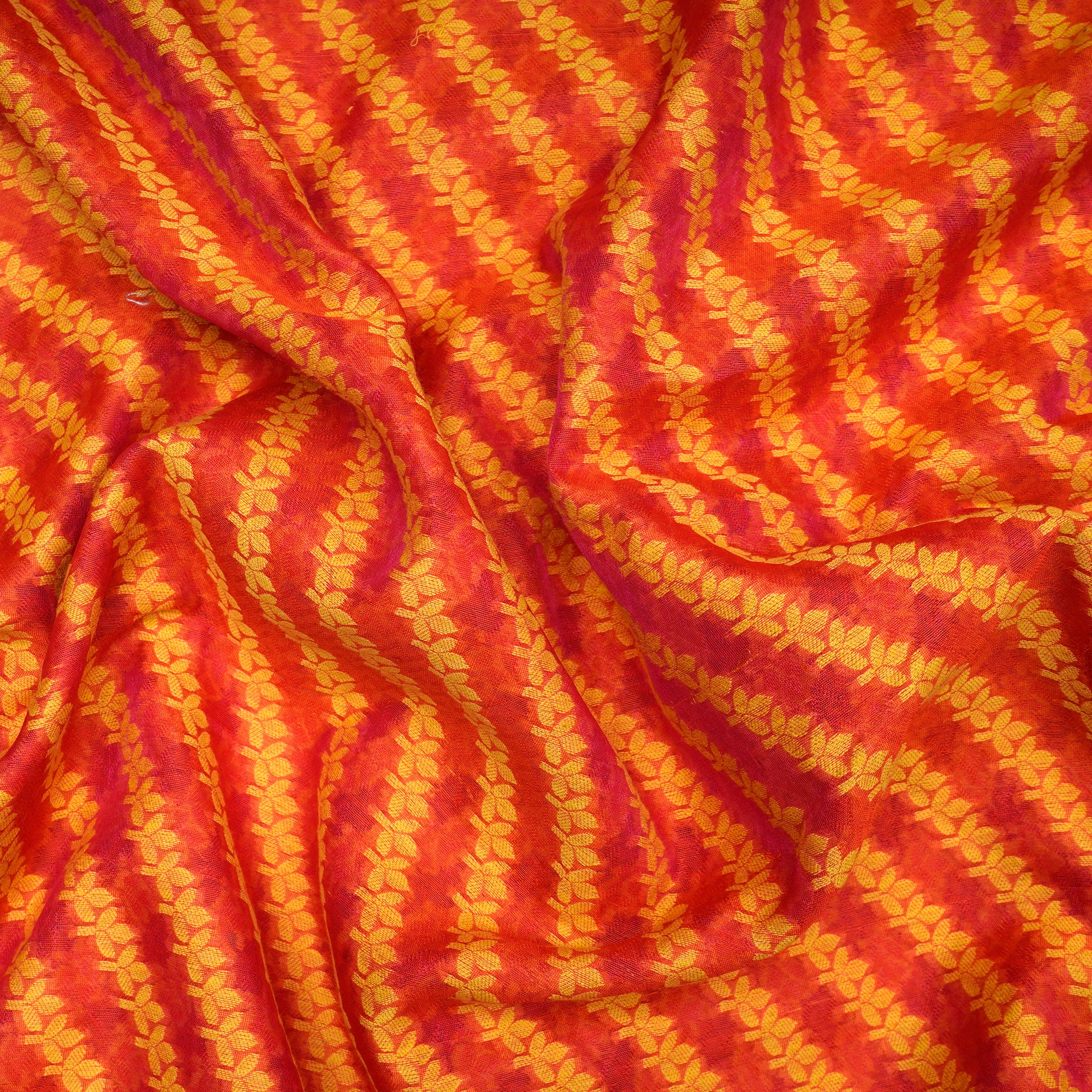 (Pre-Cut 2.85 Mtr)Orange-Yellow All Over Pattern Jacquard Silk Fabric