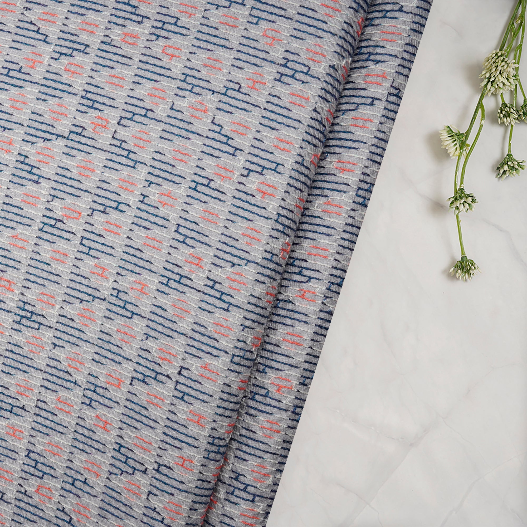(Pre-Cut 1.15 Mtr)Grey-Multi Geometric Pattern Thread Embroidered Visocse Tusser Fabric