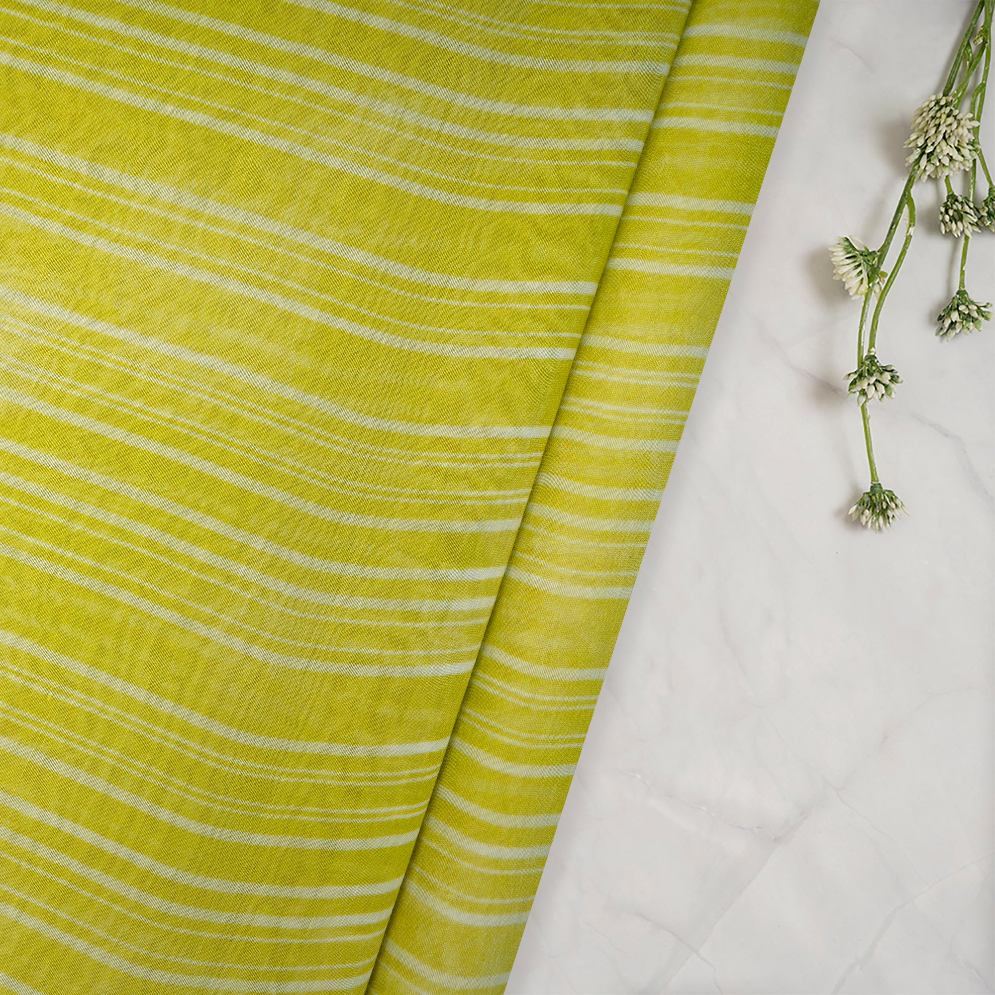 (Pre-Cut 2.50 Mtr)Green Stripe Pattern Digital Print Chanderi Fabric