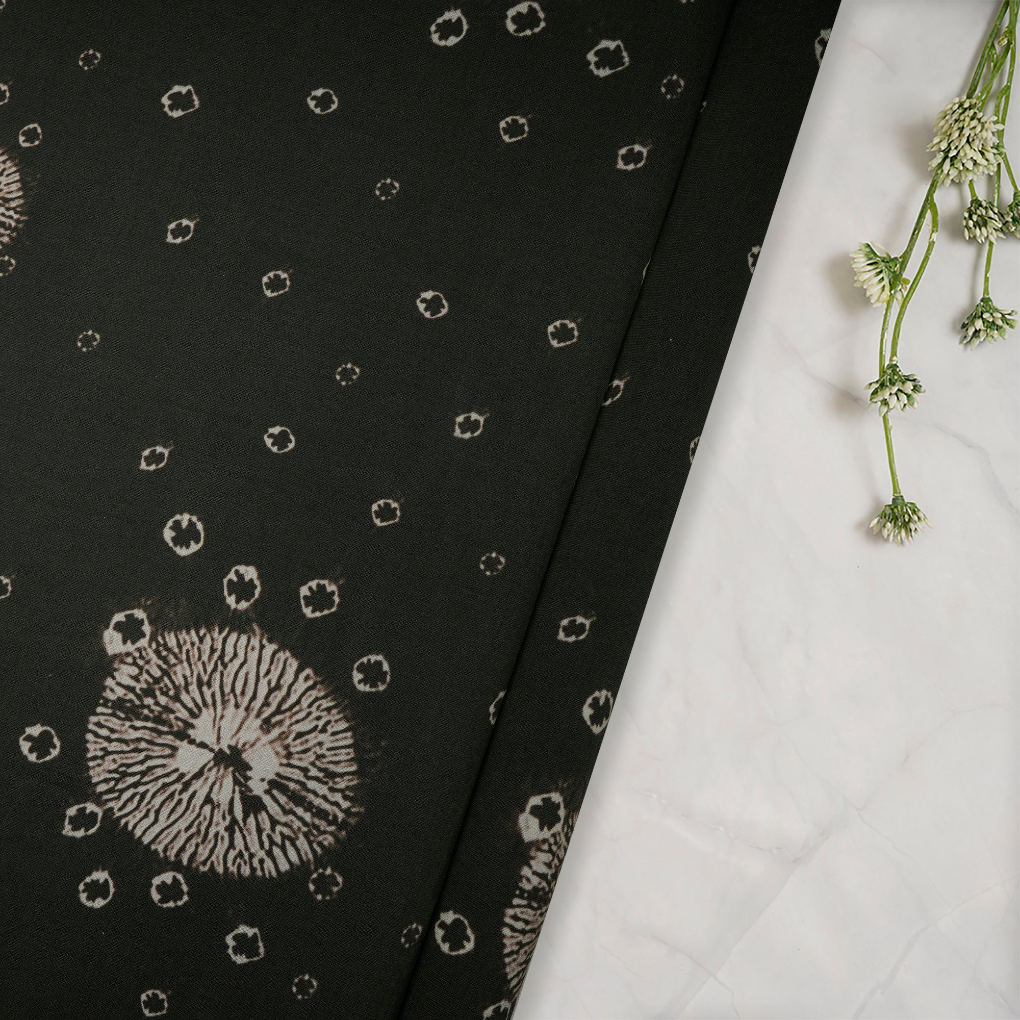 (Pre-Cut 1.65 Mtr)Olive Green Shibori Pattern Digital Print Chanderi Fabric