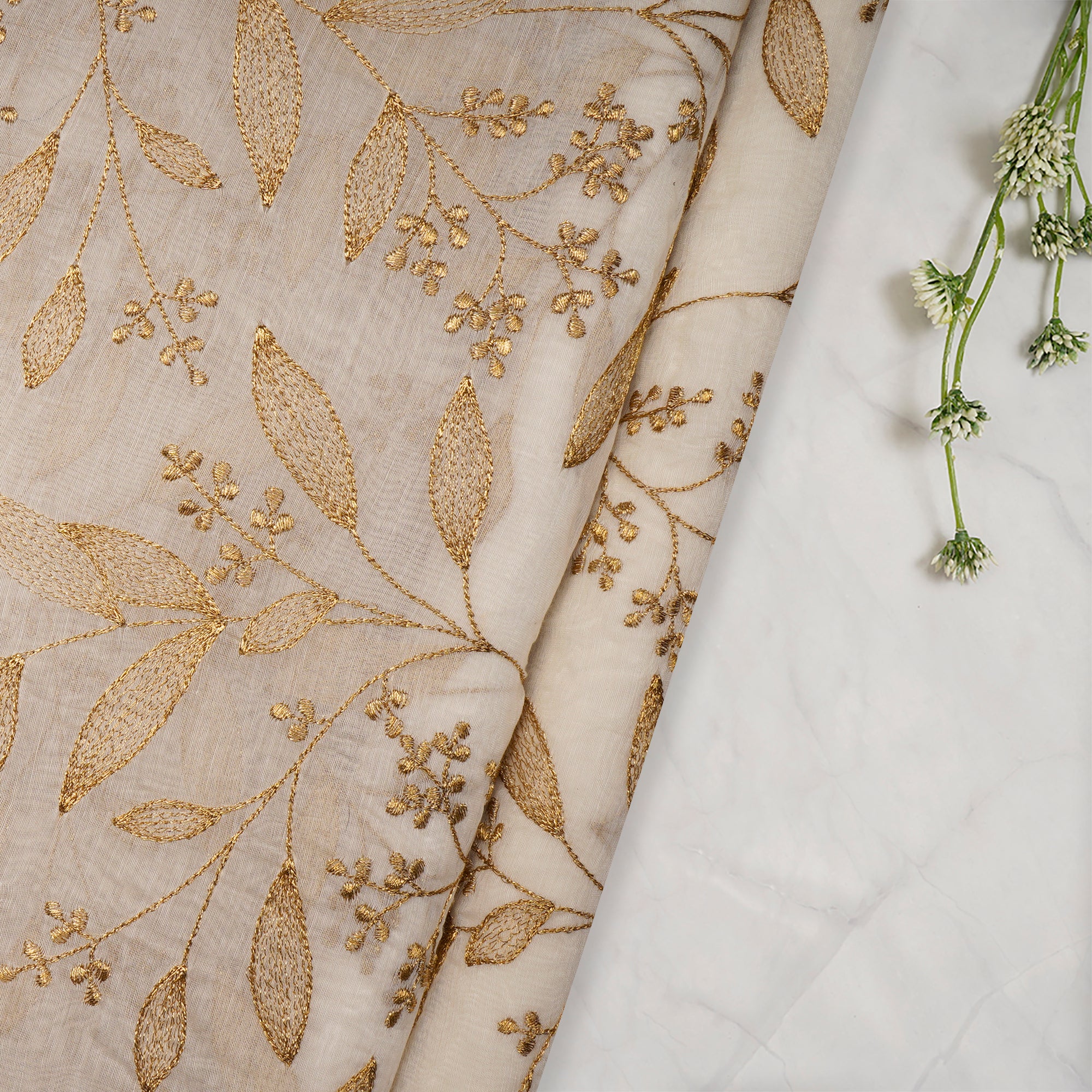 (Pre-Cut 1.00 Mtr)White-Gold Floral Pattern All Over Embroidery Chanderi Fabric