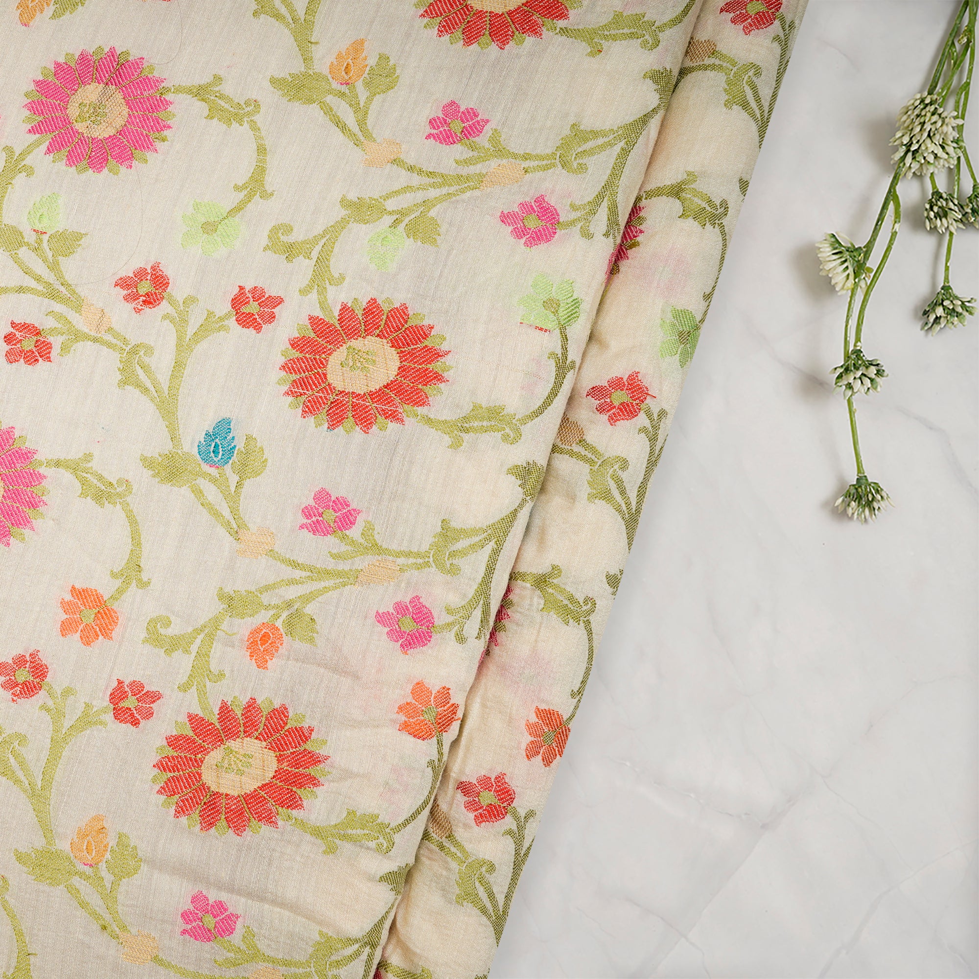 (Pre-Cut 1.50 Mtr)Multi Color All Over Pattern Handwoven Banarasi Munga Jacquard Silk Fabric