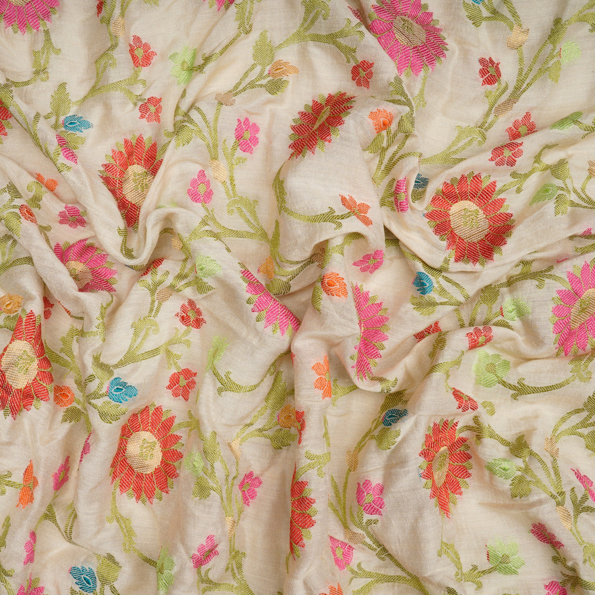(Pre-Cut 1.50 Mtr)Multi Color All Over Pattern Handwoven Banarasi Munga Jacquard Silk Fabric