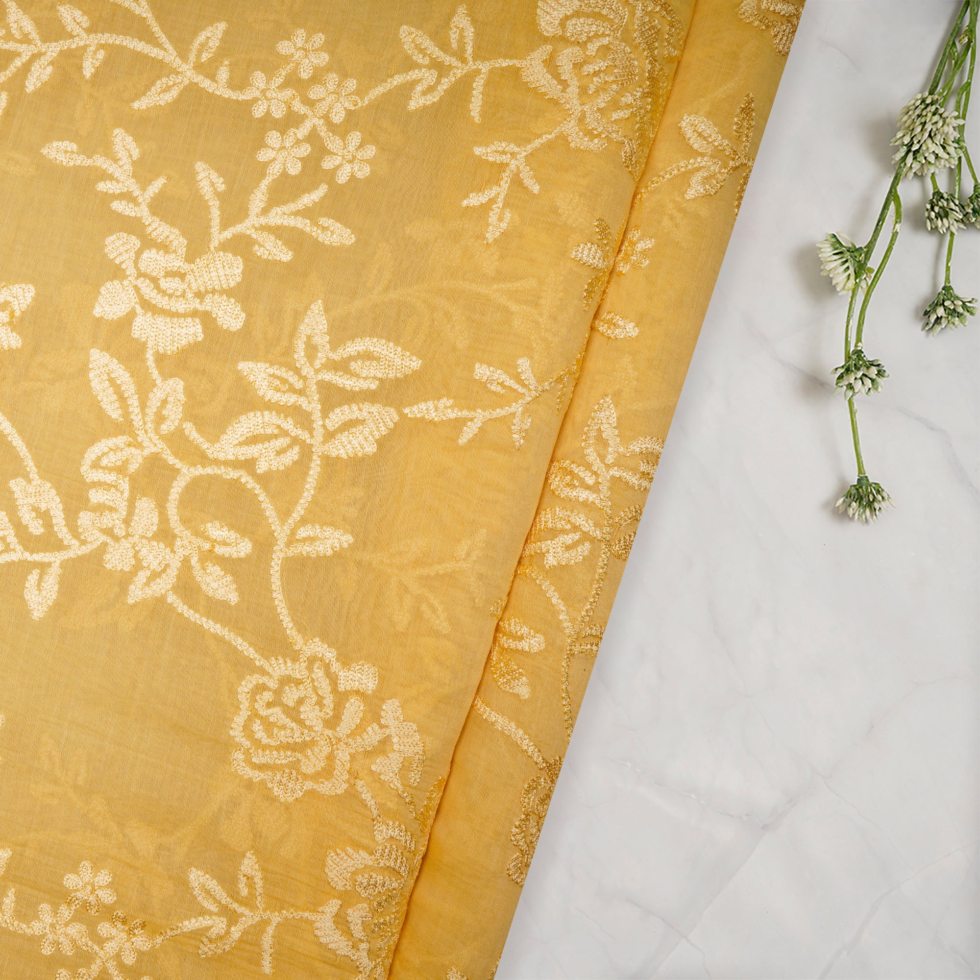 (Pre-Cut 2.45 Mtr)Yellow Floral Pattern Thread Embroidered Chanderi Fabric