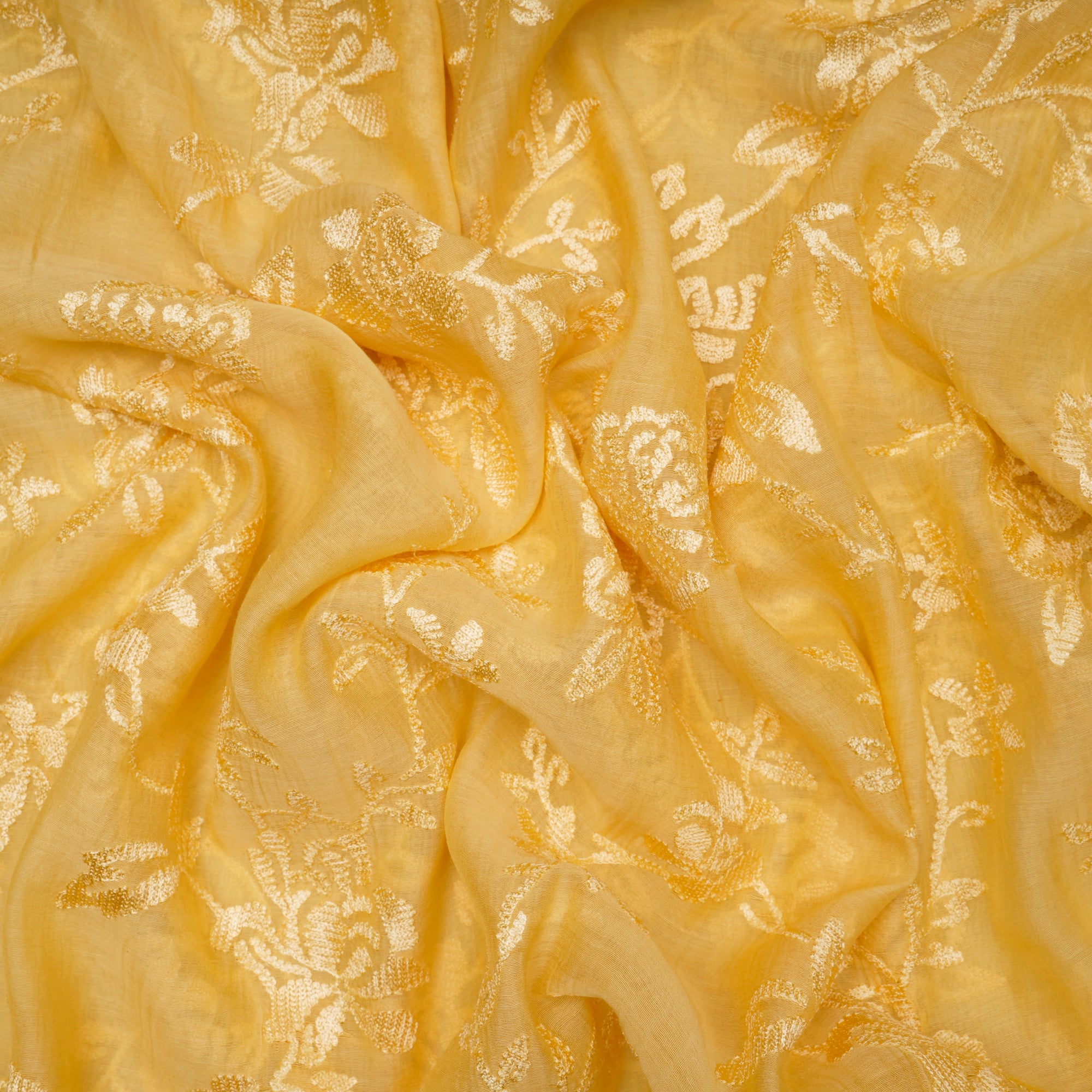 (Pre-Cut 2.45 Mtr)Yellow Floral Pattern Thread Embroidered Chanderi Fabric