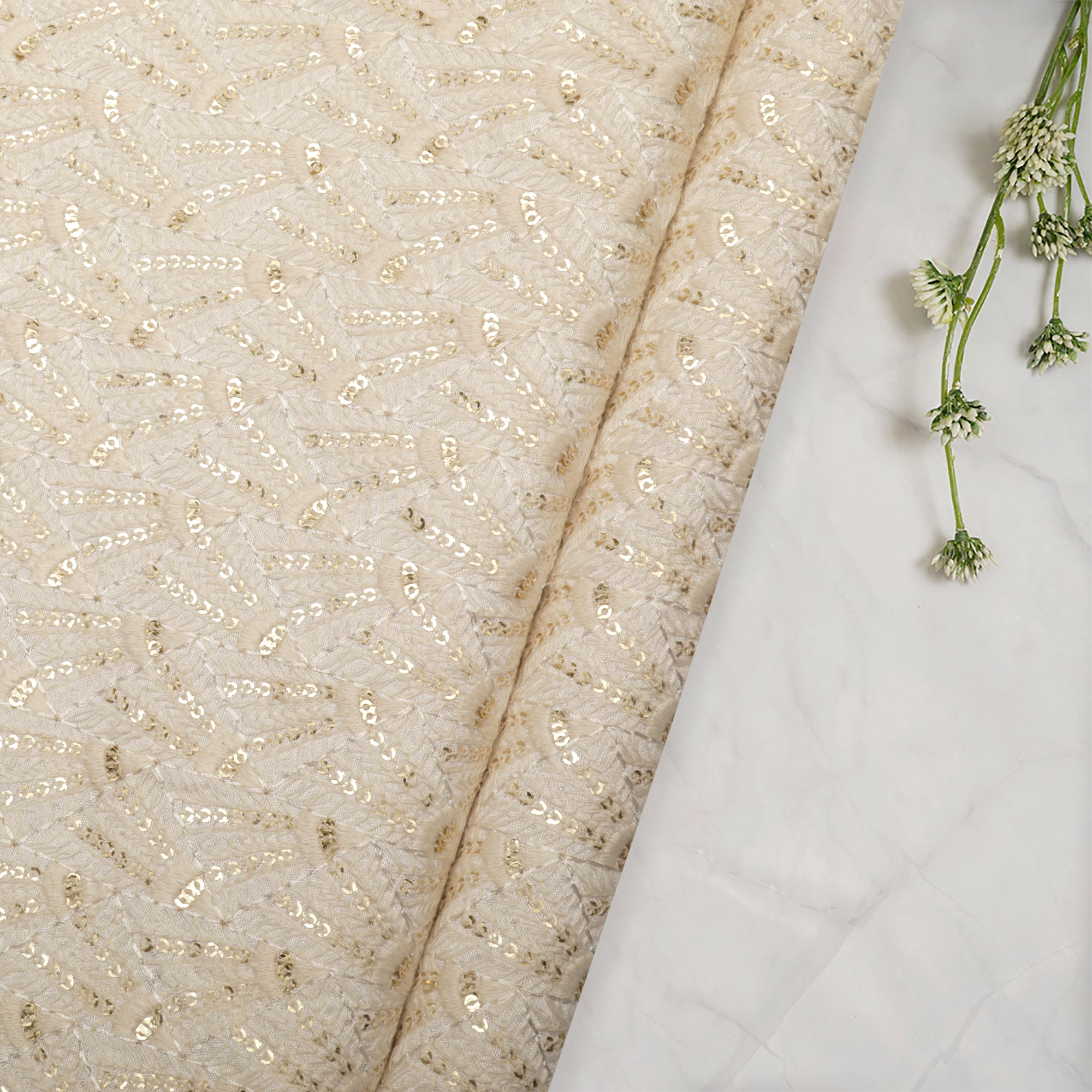 (Pre-Cut 2.50 Mtr)Off White Dyeable All Over Sequined Embroidered Mysore Silk Fabric