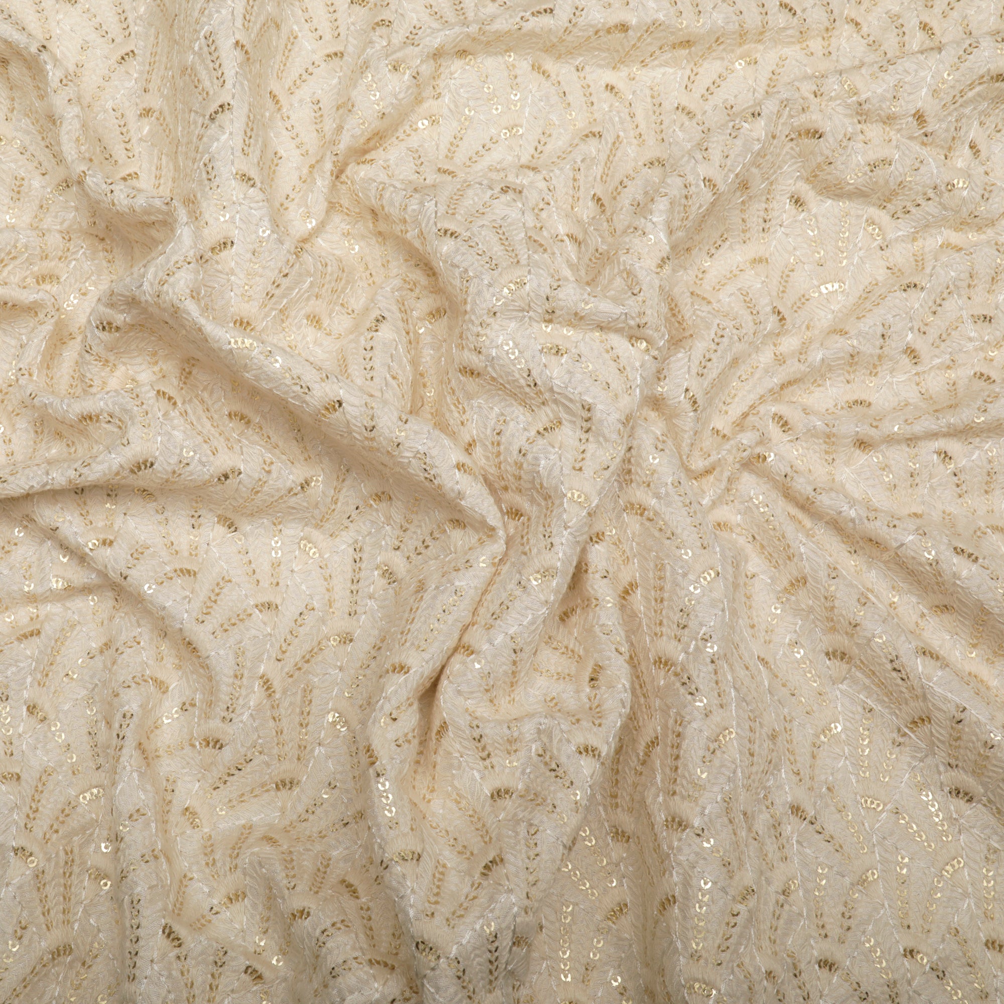 (Pre-Cut 2.50 Mtr)Off White Dyeable All Over Sequined Embroidered Mysore Silk Fabric