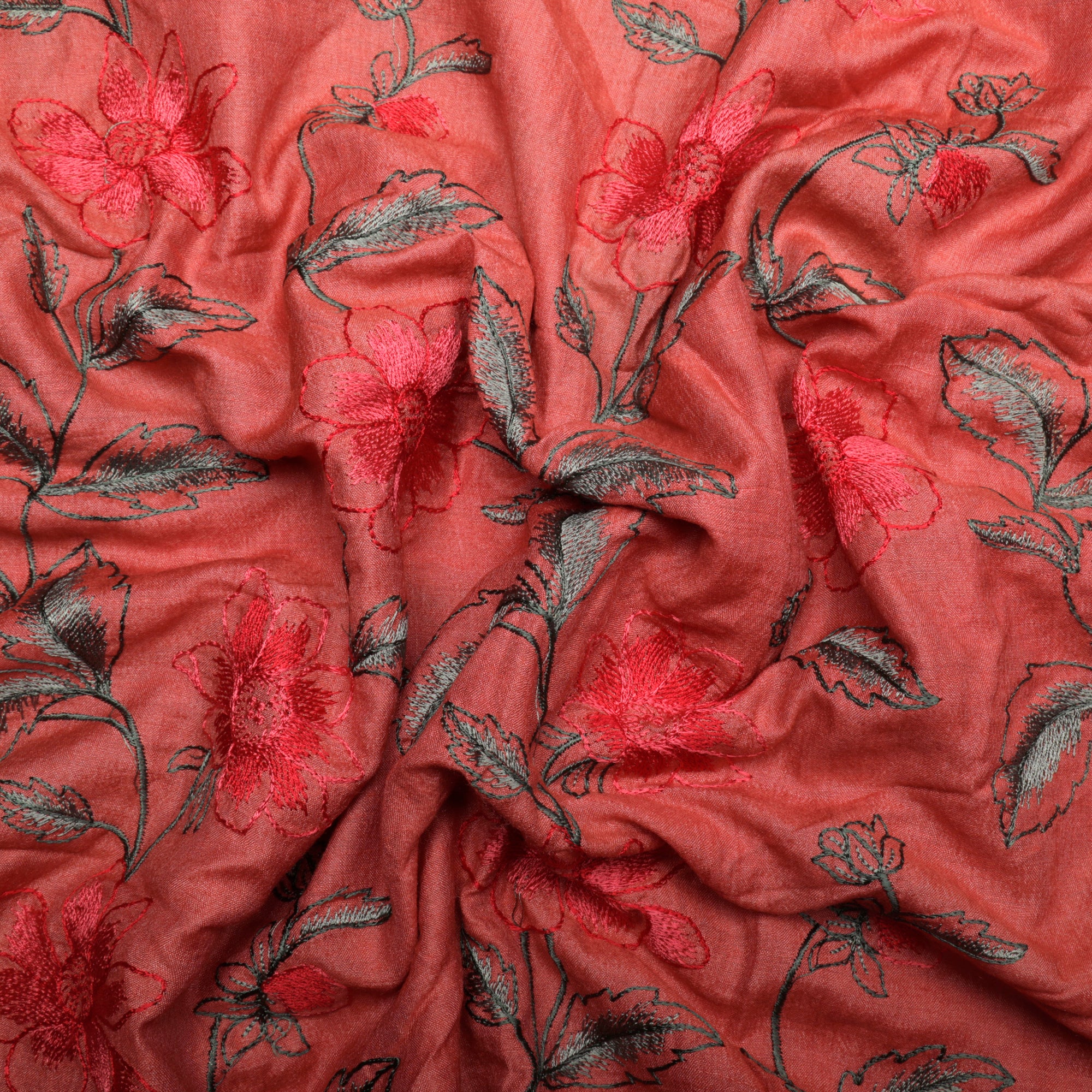 (Pre-Cut 2.50 Mtr)Salmon Embroidered Tussar Muga Silk Fabric