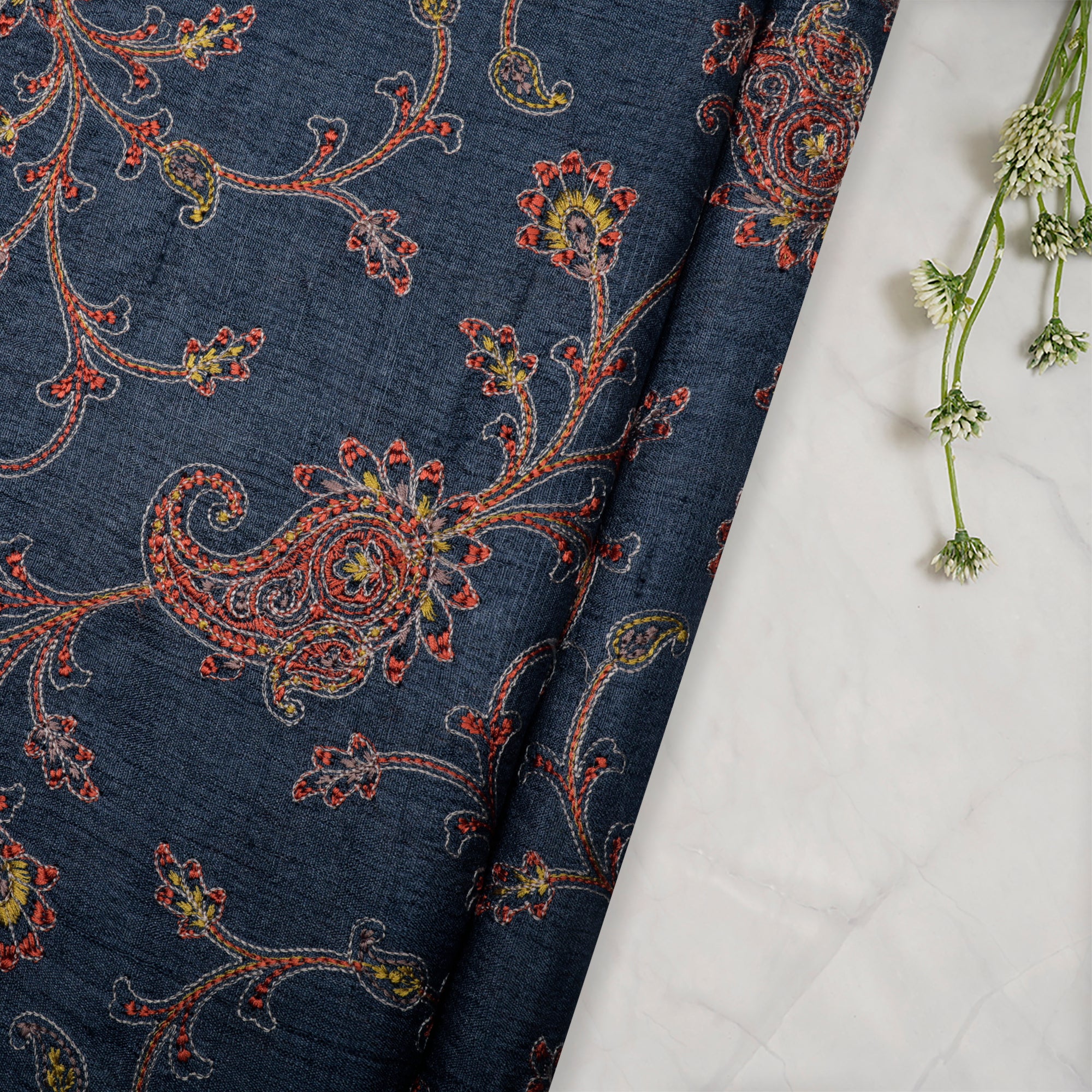 (Pre-Cut 1.00 Mtr)Navy Floral Pattern Embroidered Tussar Silk Fabric