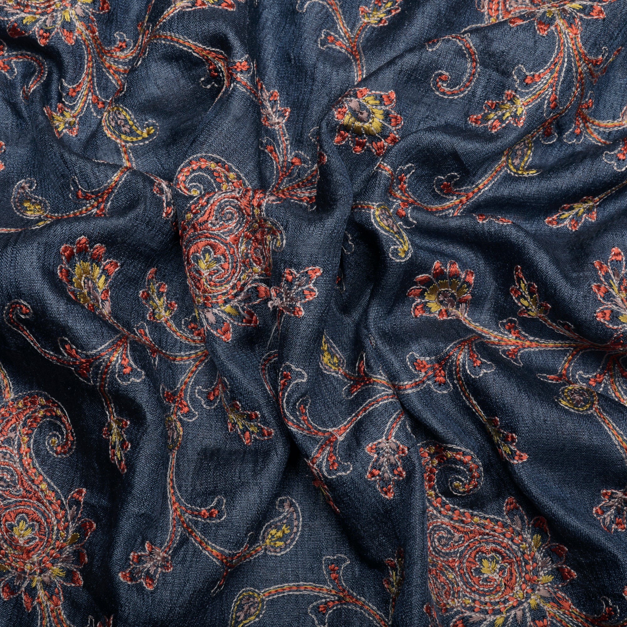 (Pre-Cut 1.00 Mtr)Navy Floral Pattern Embroidered Tussar Silk Fabric