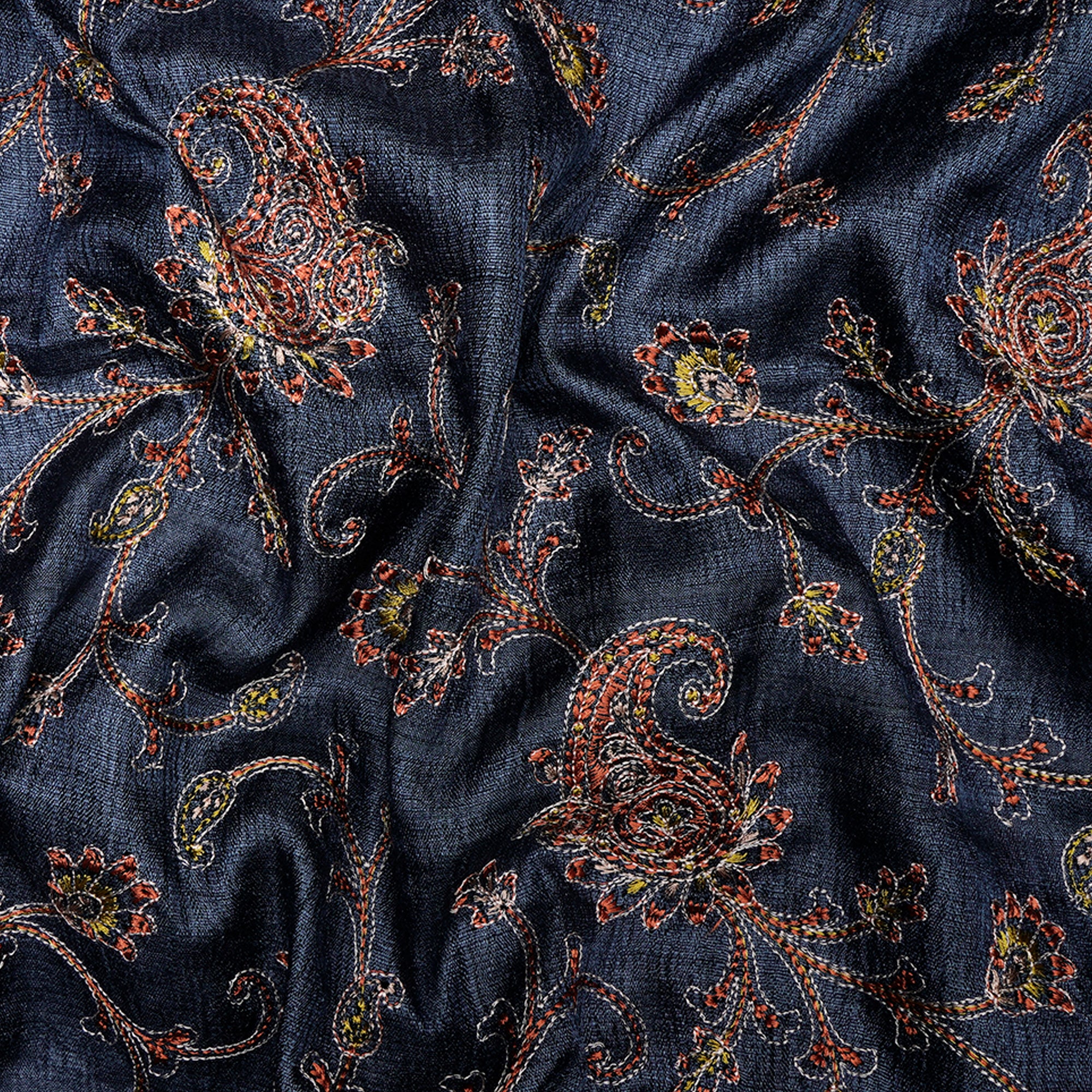 (Pre-Cut 3.00 Mtr)Navy Color Embroidered Tussar Silk Fabric