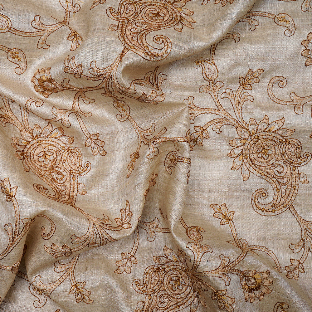 (Pre-Cut 4.30 Mtr)Beige Color Embroidered Pure Tussar Silk Fabric