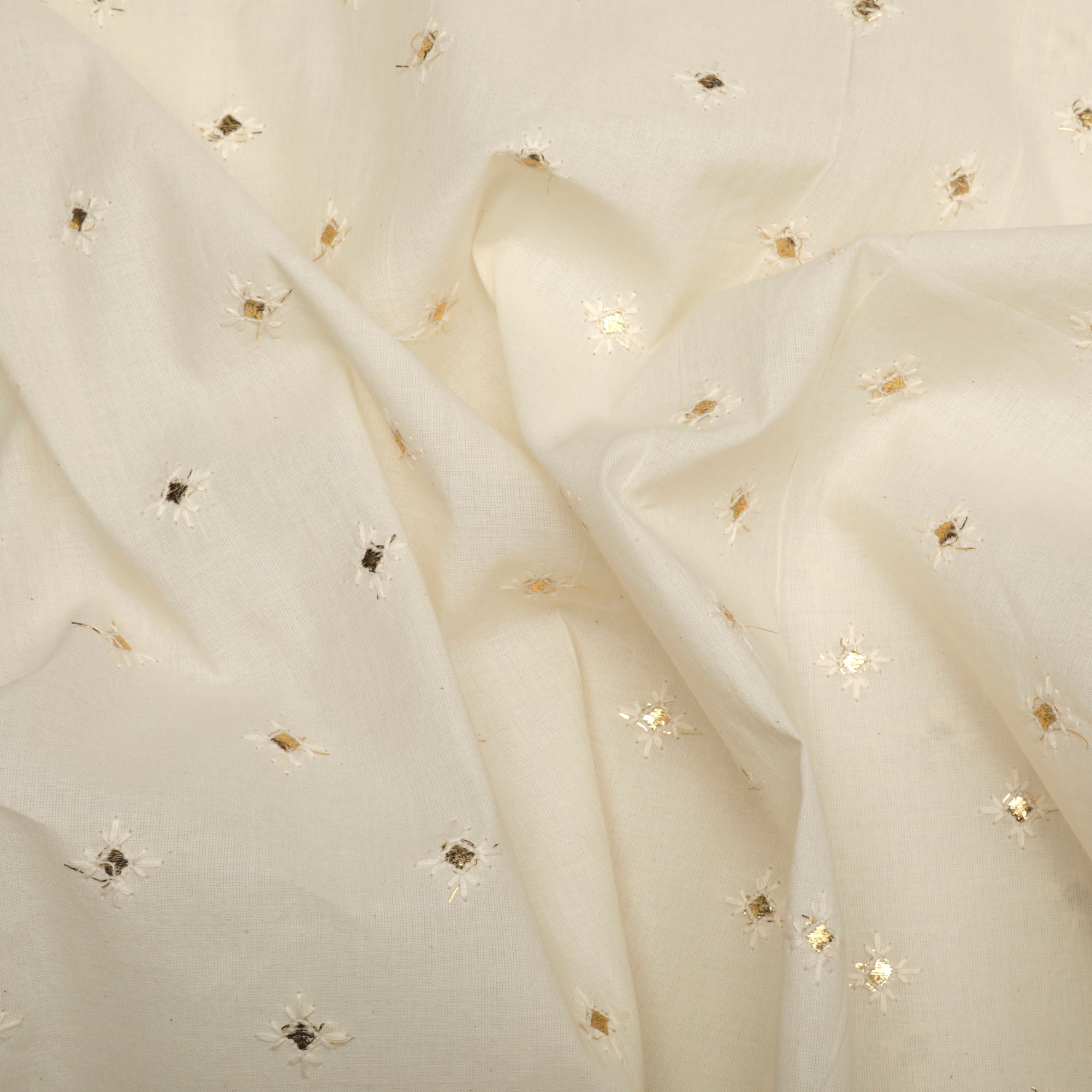 (Pre-Cut 1.50 Mtr)Off White Embroidered Cotton Fabric With Mukaish Work