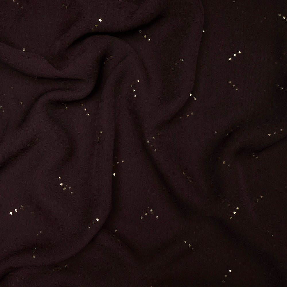 (Pre-Cut 1.95 Mtr)Brown Handcrafted Mukaish Work Pure Chiffon Silk Fabric