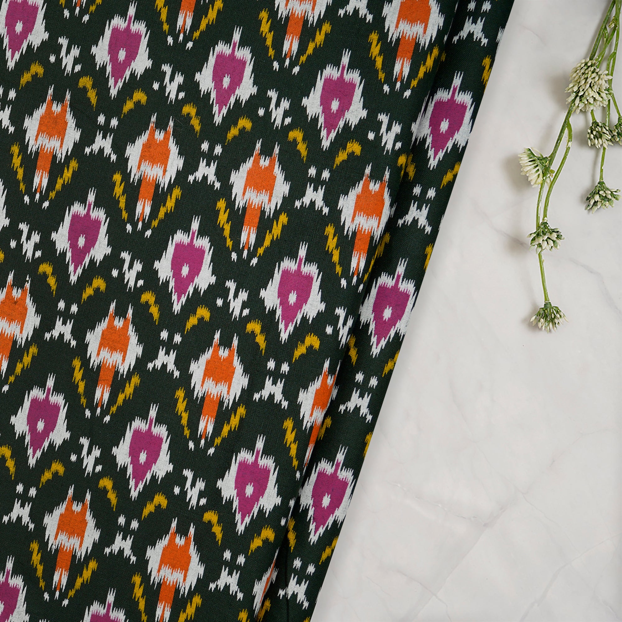 (Pre-Cut 2.50 Mtr)Multi Color Ikat Pattern Screen Printed Pure Cotton Fabric