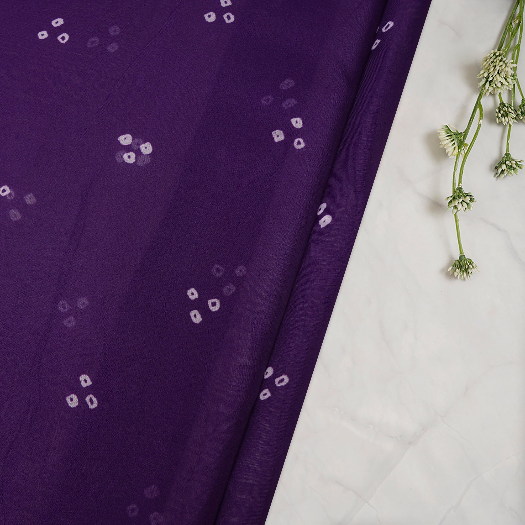 (Pre-Cut 4.80 Mtr) Purple Bandhani Pattern Digital Print Viscose Organza Fabric