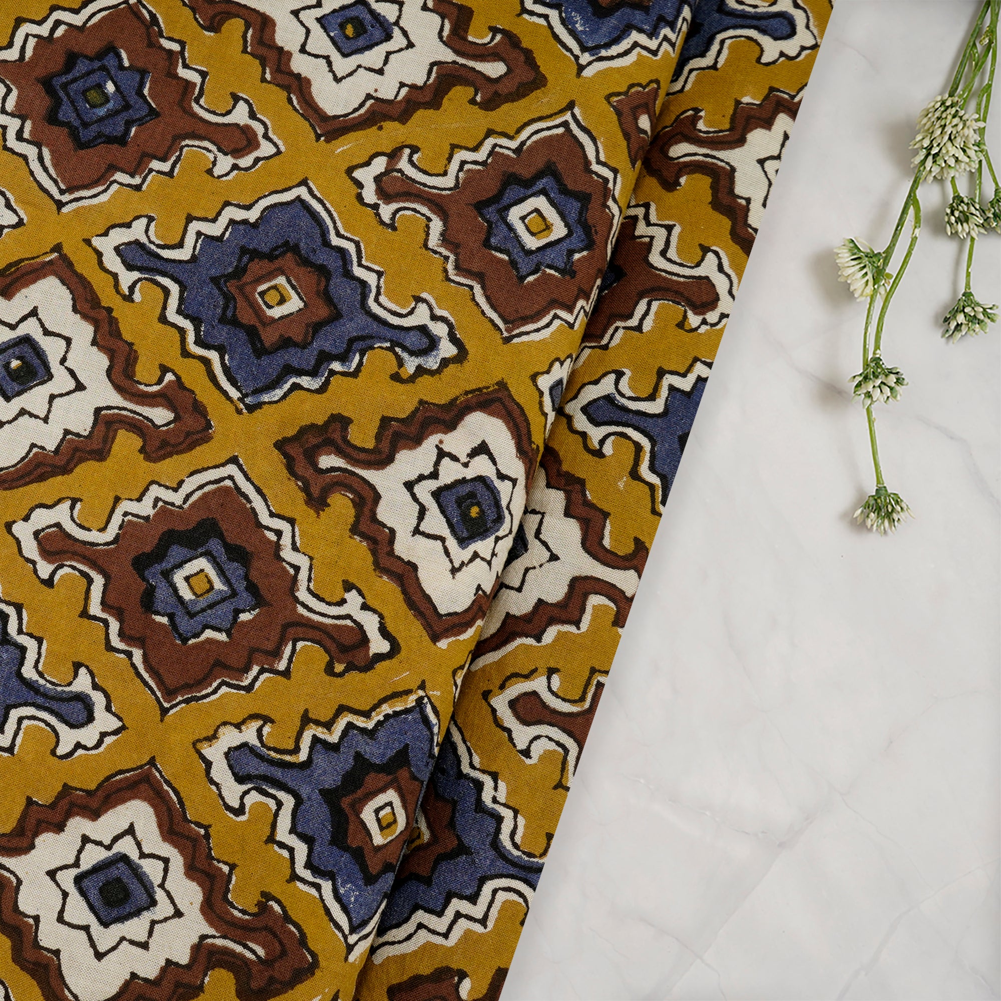 (Pre-Cut 2.00 Mtr)Harvest Gold Natural Dye Hand Block Printed Viscose Cotton Fabric