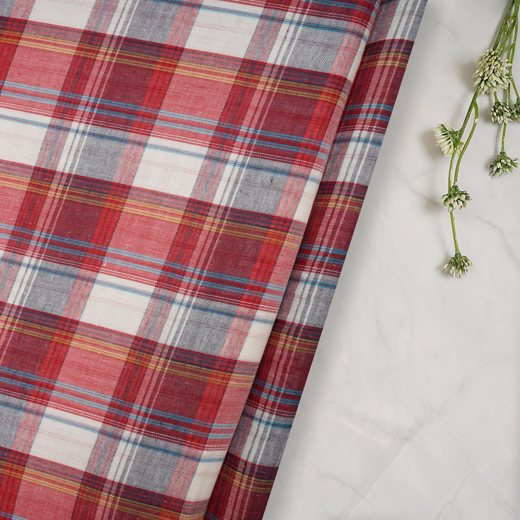 (Pre-Cut 2.00 Mtr)Multi Color Check Pattern Loom Textured South Cotton Double Cloth Fabric