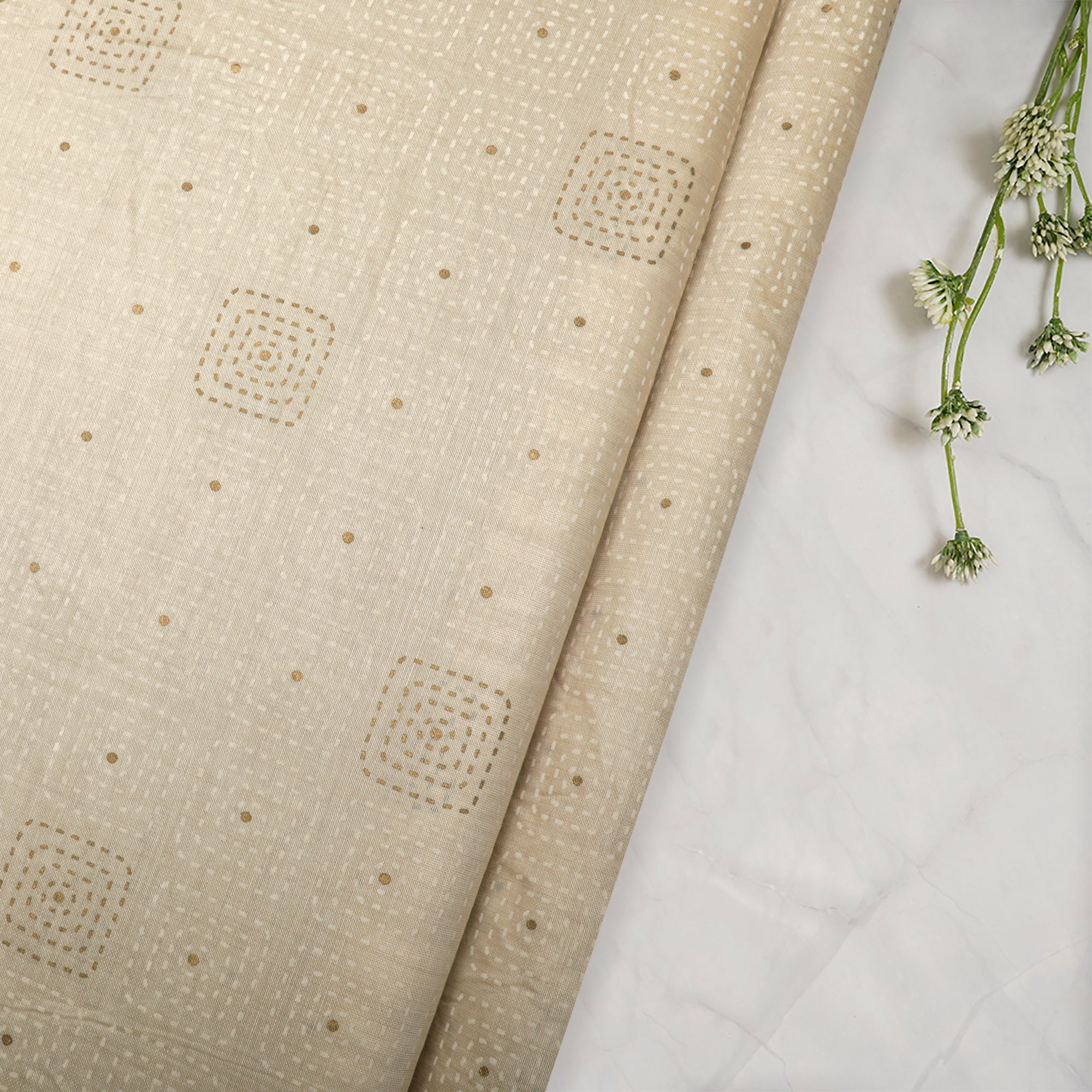 (Pre-Cut 2.50 Mtr)Beige Geometric Pattern Printed Poly Viscose Fabric