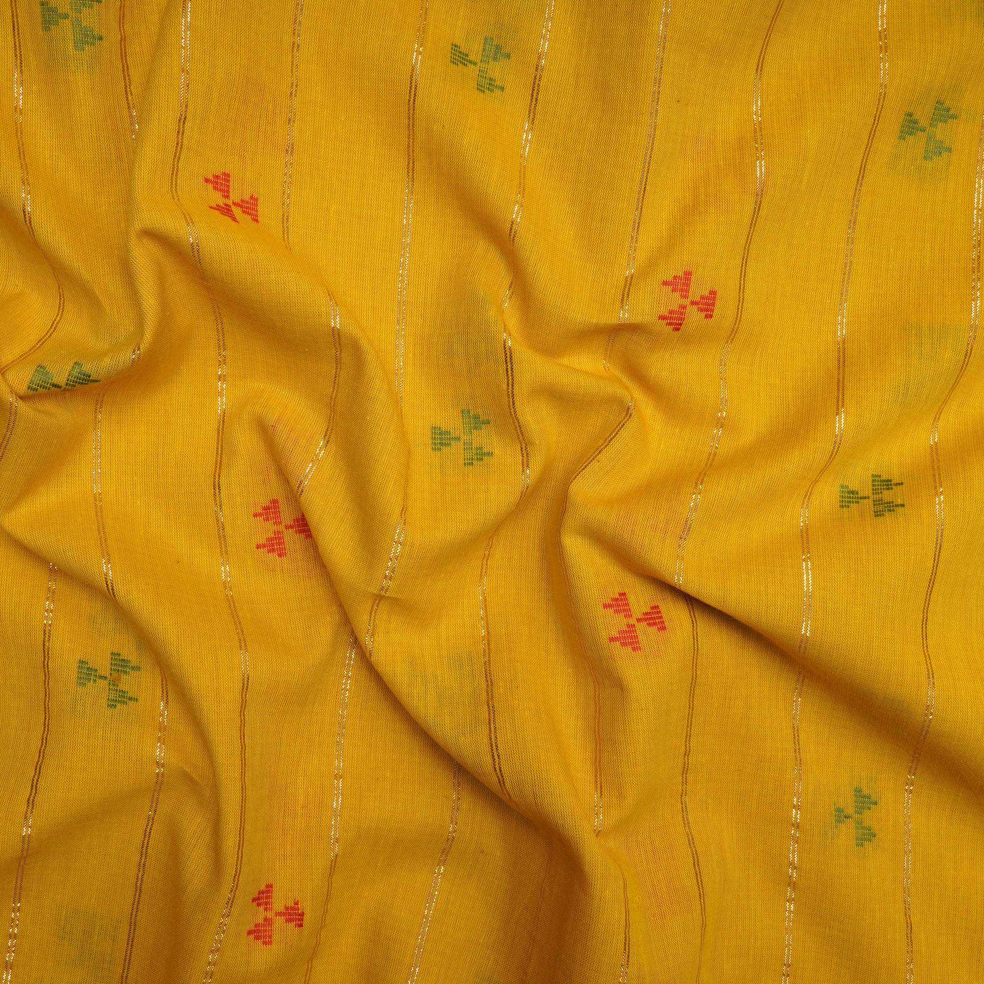 (Pre-Cut 1.00 Mtr)Yellow Geometric Pattern Yarn Dyed Cutwork Fancy South Cotton Fabric