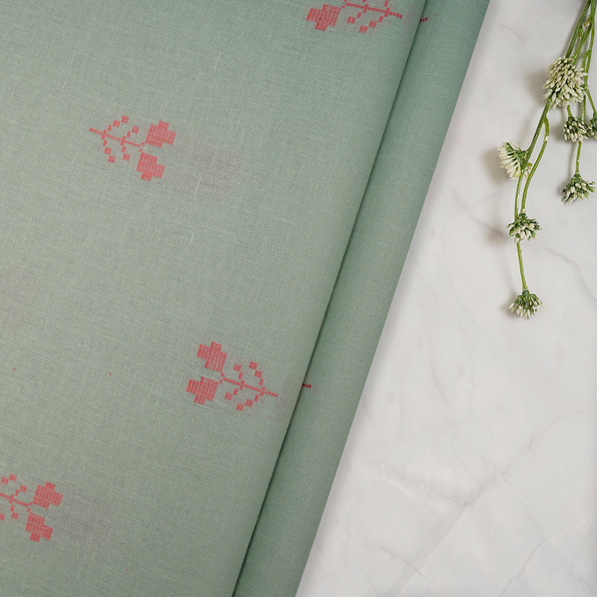 (Pre-Cut 2.50 Mtr)Light Mint Floral Pattern Yarn Dyed Fancy Cutwork South Cotton Fabric