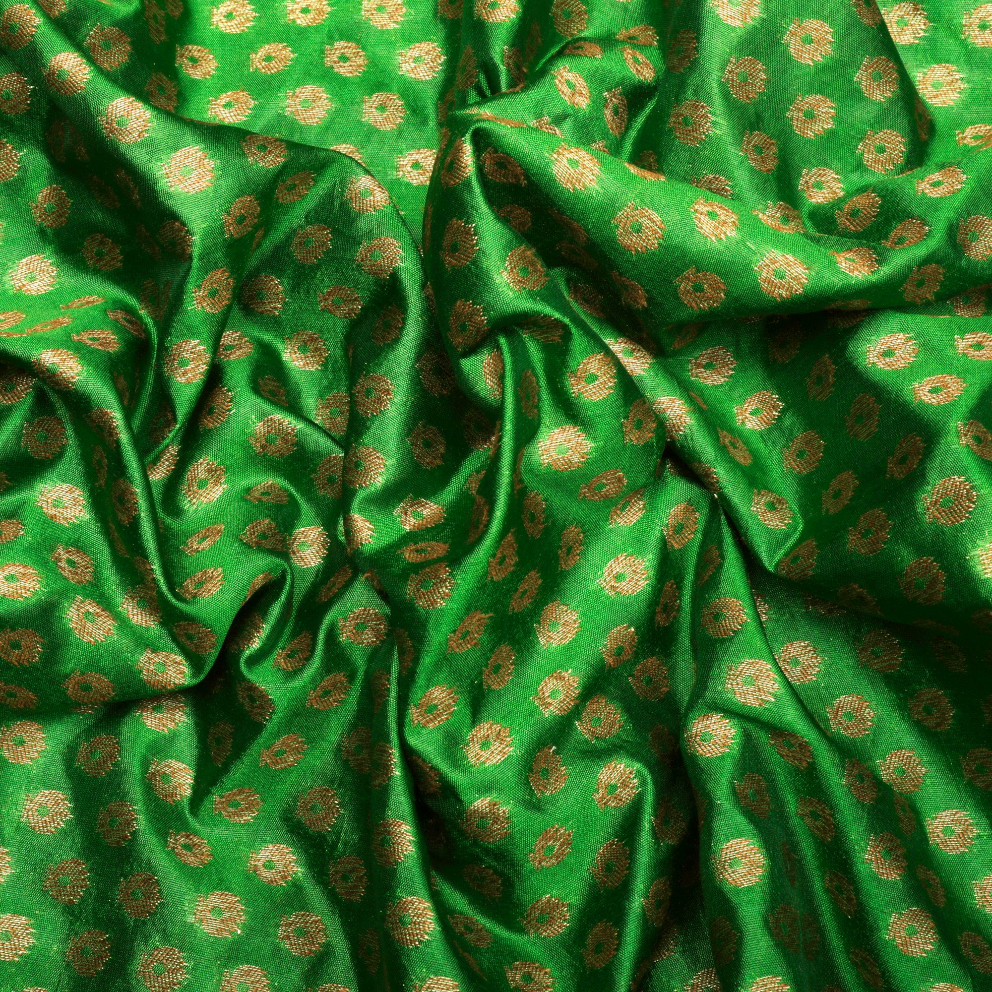 (Pre-Cut 2.50 Mtr)Green Booti Pattern Blended Banarasi Brocade Fabric