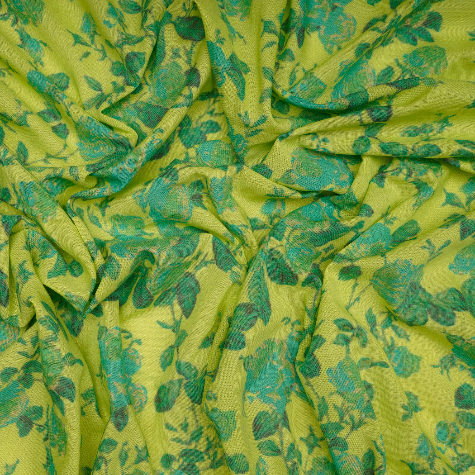 (Pre-Cut 1.00 Mtr)Green Color Digital Printed High twist Poly Cotton Voile Fabric