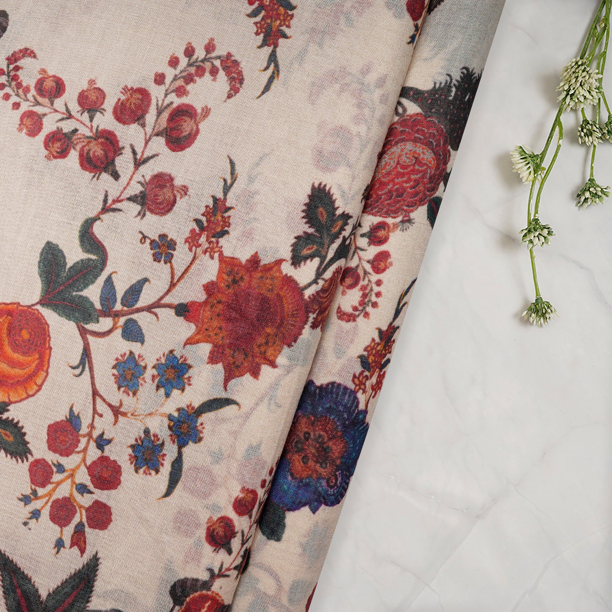 (Pre-Cut 1.50 Mtr)Beige Floral Pattern Digital Print Tussar Chanderi Fabric