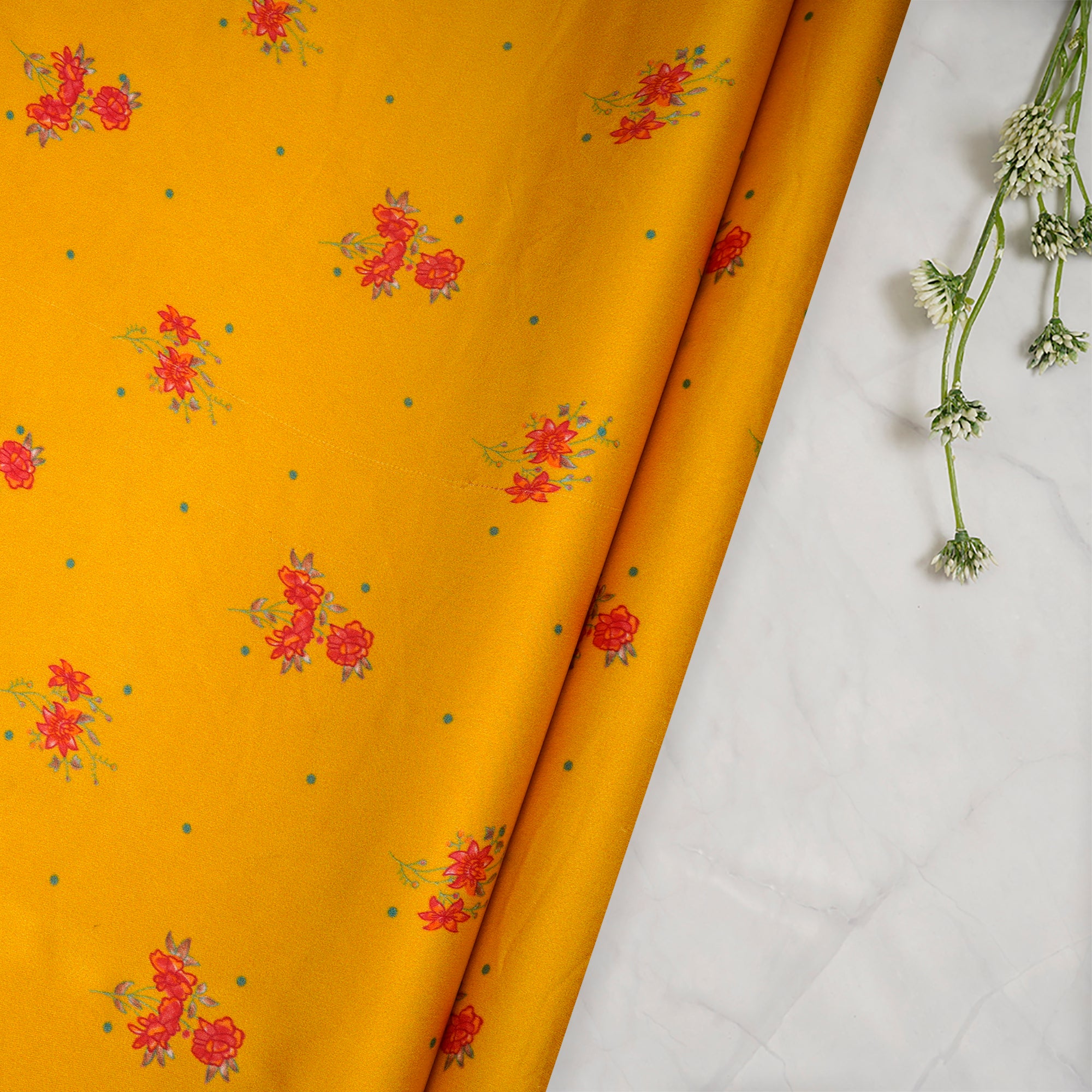 (Pre-Cut 2.65 Mtr)Yellow Floral Pattern Digital Print Viscose Satin Fabric